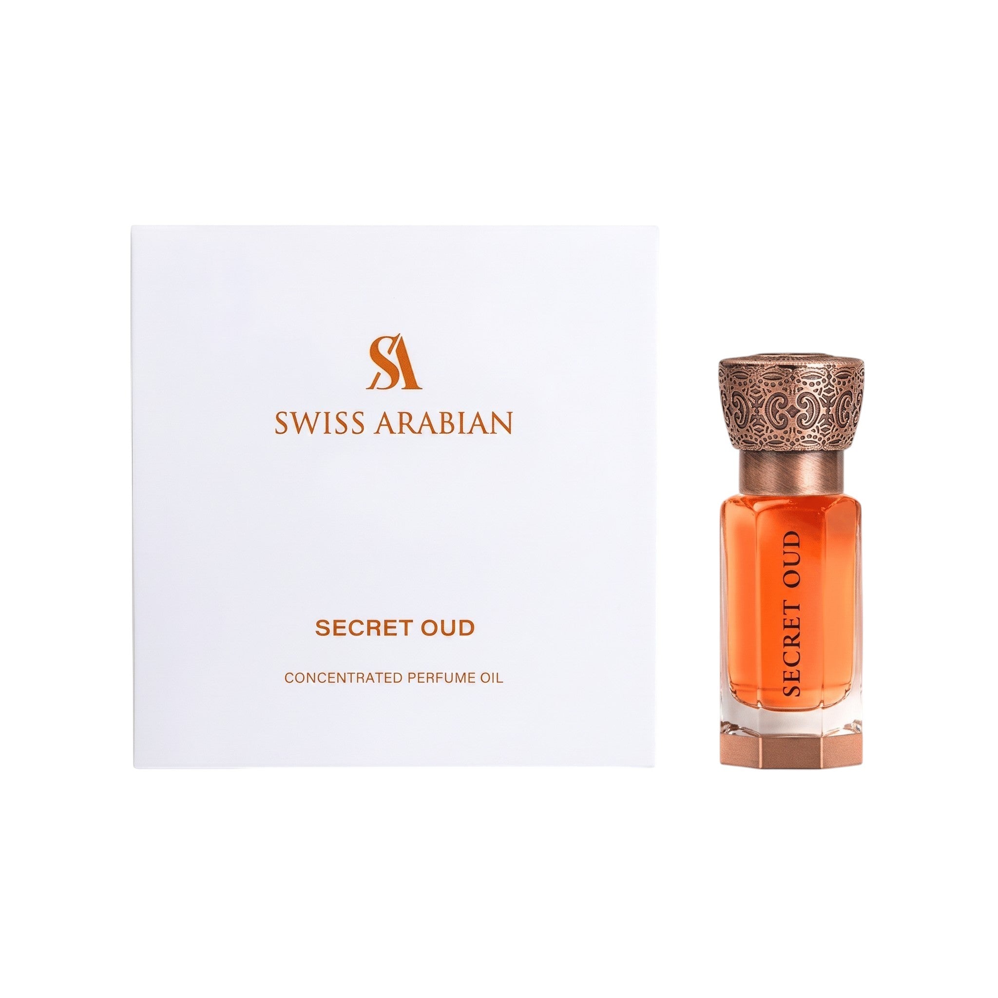 Palette 21 Swiss Arabian Secret Oud concentrated perfume oil bottle with ornate metallic cap next to white gift box