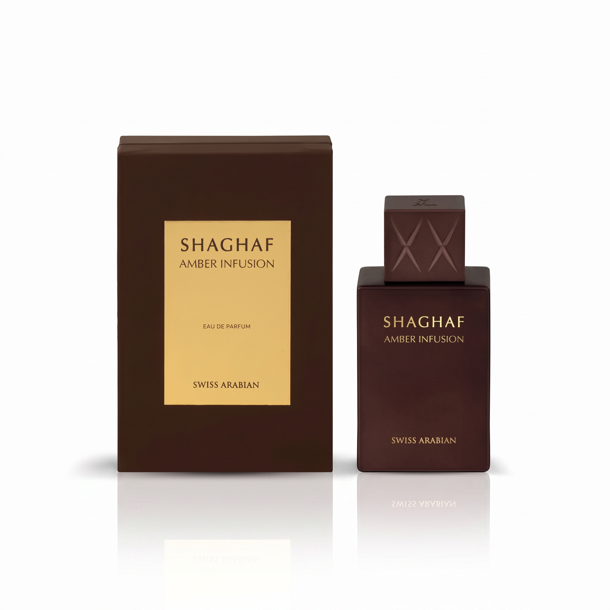 Palette 21 SWISS ARABIAN Shaghaf Amber Infusion perfume bottle and matching dark brown box with gold label