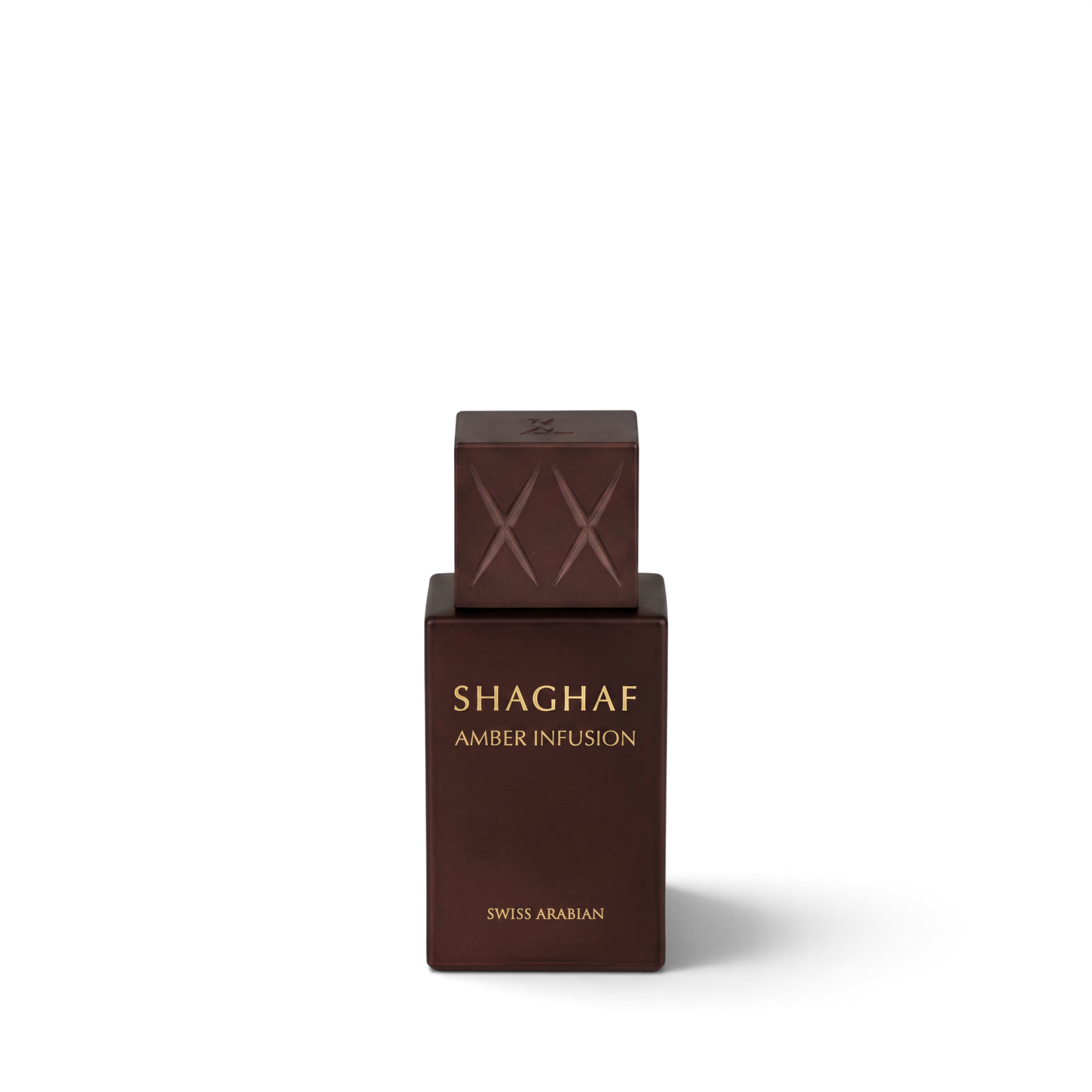 Palette 21 SWISS ARABIAN Shaghaf Amber Infusion Eau de Parfum in a sleek dark brown bottle with gold lettering.