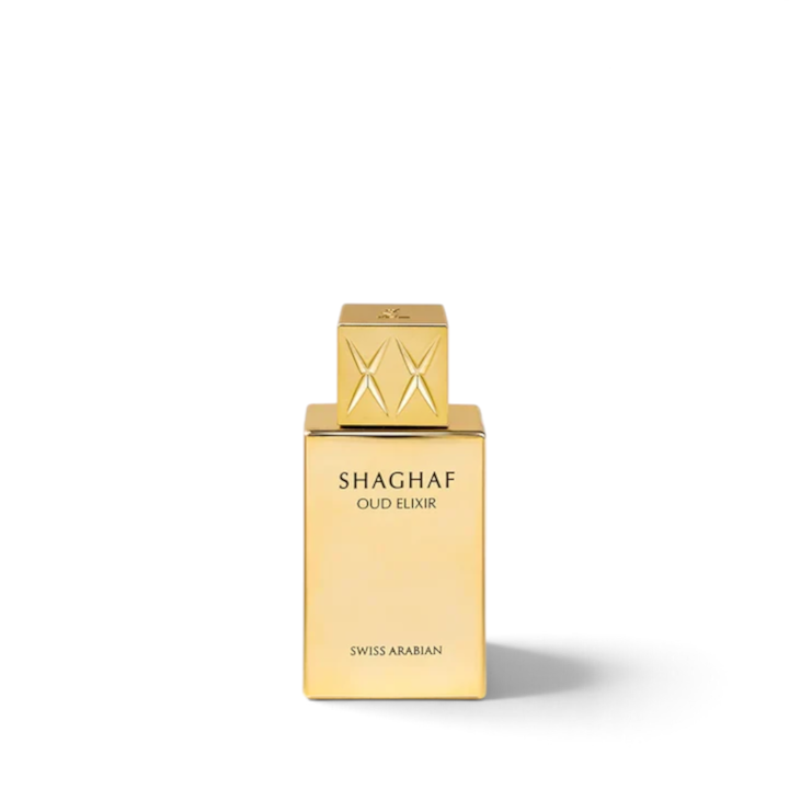 Palette 21 SWISS ARABIAN Shaghaf Oud Elixir 25ml perfume in a polished gold rectangular bottle with a square cap.