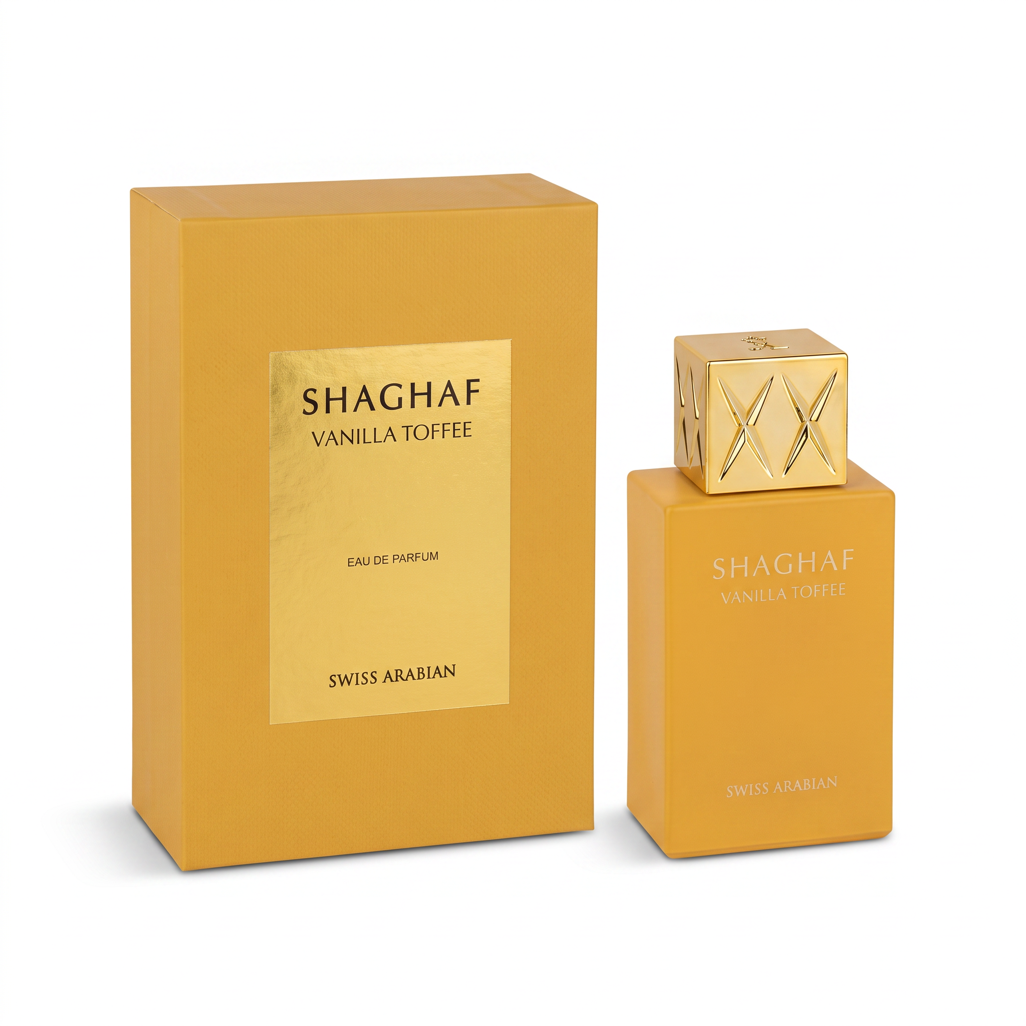 Palette 21 Swiss Arabian Shaghaf Vanilla Toffee perfume bottle and box in mustard yellow with a gold cap.