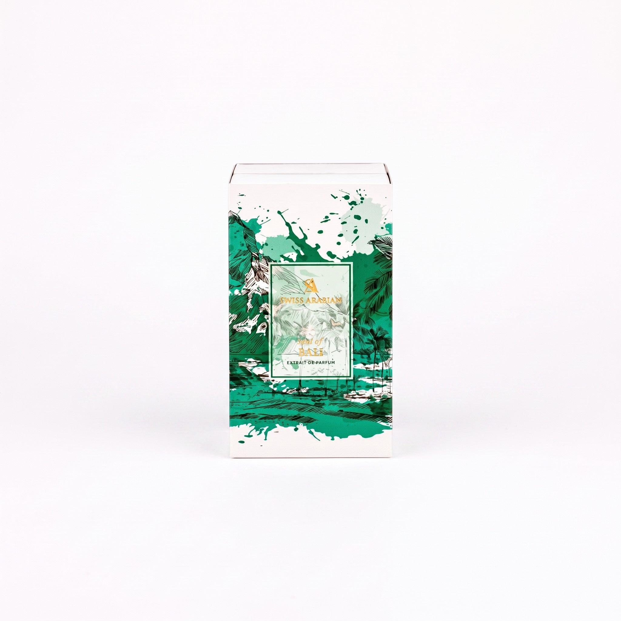 Palette 21 Swiss Arabian Soul of Bali perfume box featuring green tropical island illustration on white background