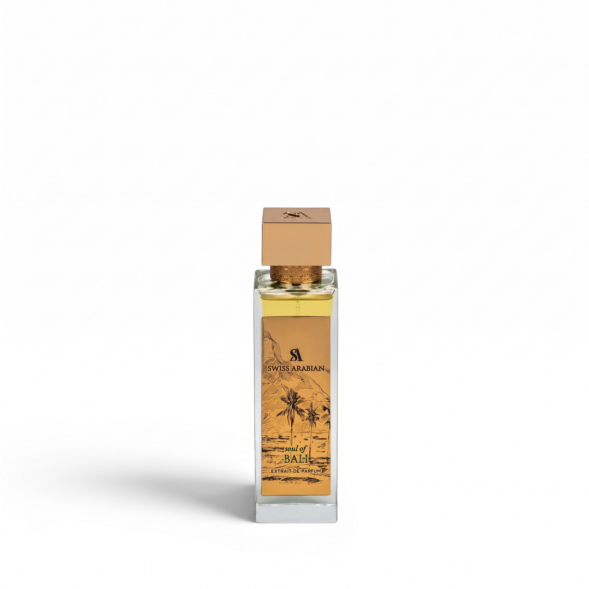 Palette 21 Swiss Arabian Soul of Bali unisex perfume in a tall glass bottle with a gold cap and tropical label.