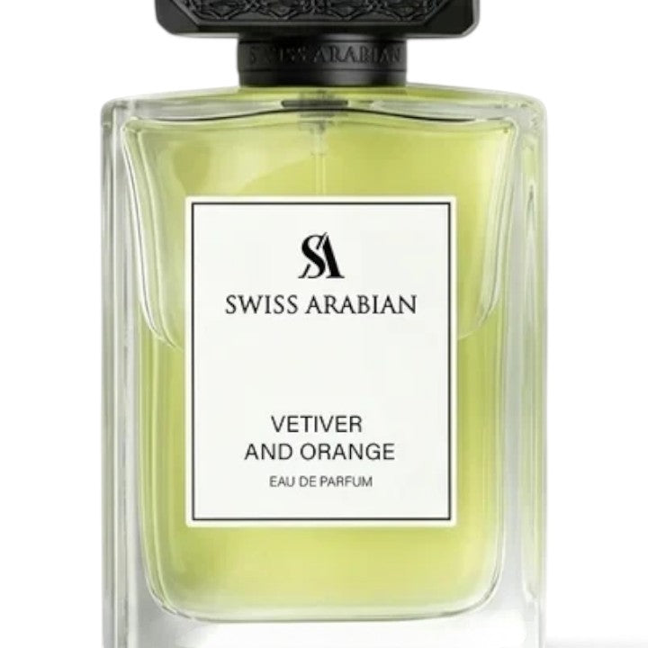 Palette 21 Swiss Arabian Vetiver and Orange Eau de Parfum in a clear glass bottle with a detailed black cap.