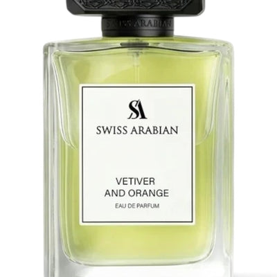 Palette 21 Swiss Arabian Vetiver and Orange Eau de Parfum in a clear glass bottle with a detailed black cap.