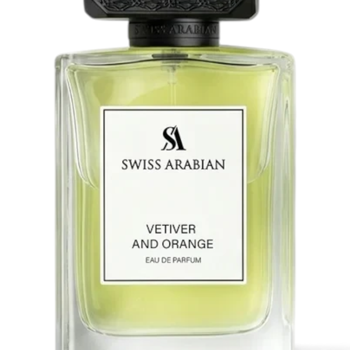 Palette 21 Swiss Arabian Vetiver and Orange Eau de Parfum in a clear glass bottle with a detailed black cap.
