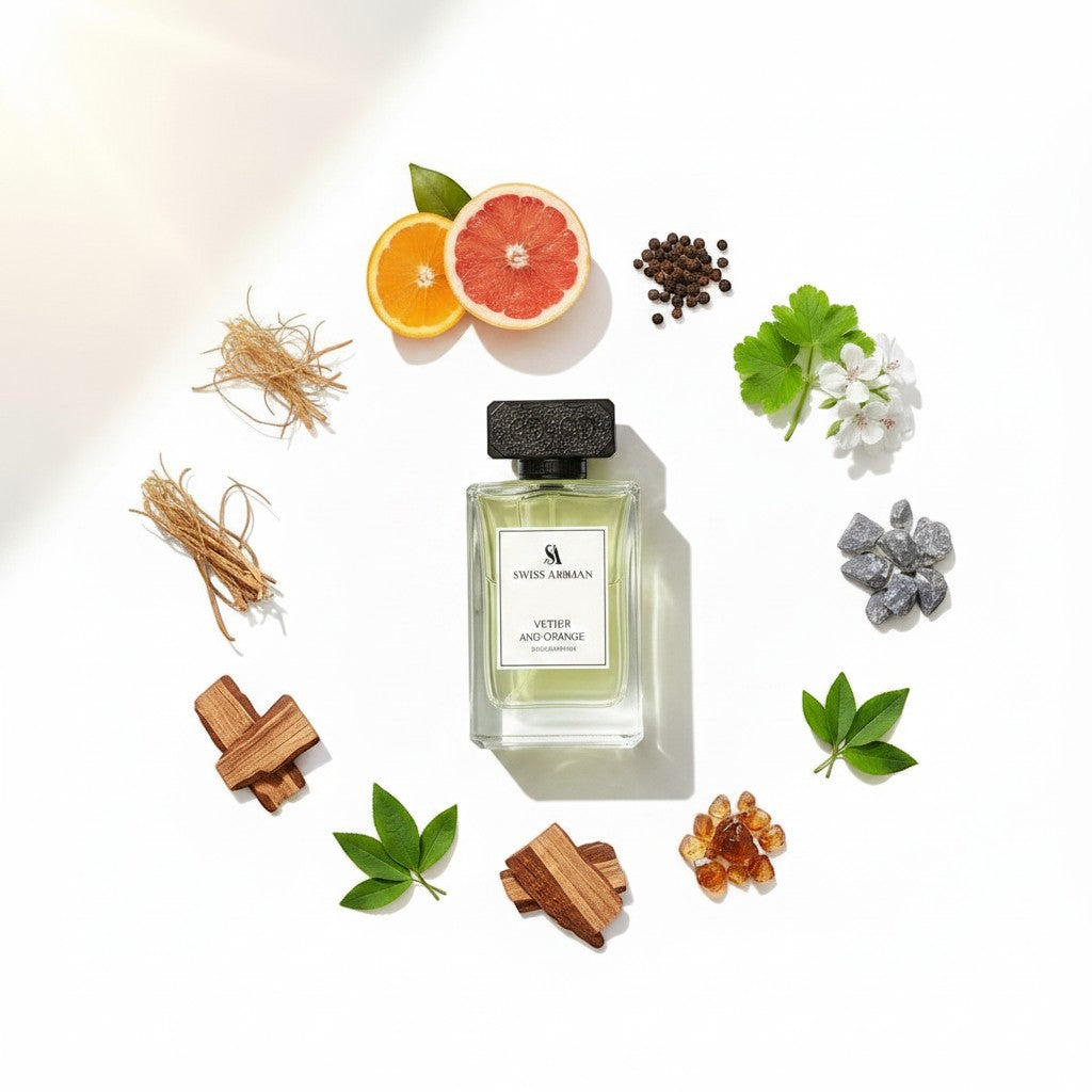 Palette 21 Swiss Arabian Vetiver and Orange perfume bottle surrounded by citrus, vetiver roots, and botanical elements.