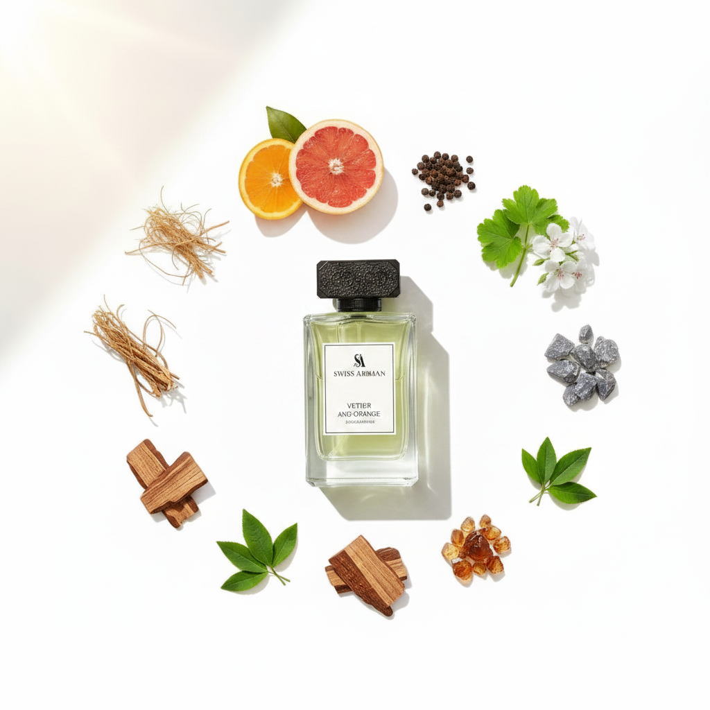 Palette 21 Swiss Arabian Vetiver and Orange perfume bottle surrounded by citrus, vetiver roots, and botanical elements.
