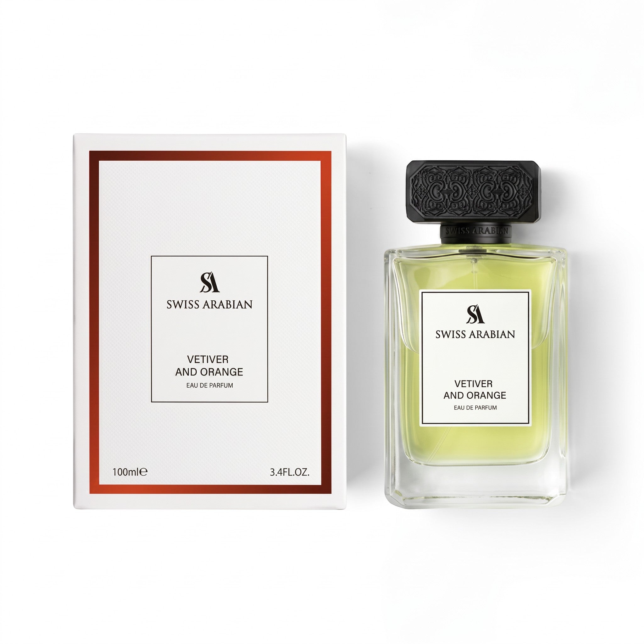 Palette 21 Swiss Arabian Vetiver and Orange Eau de Parfum bottle and white box packaging on a clean white background.