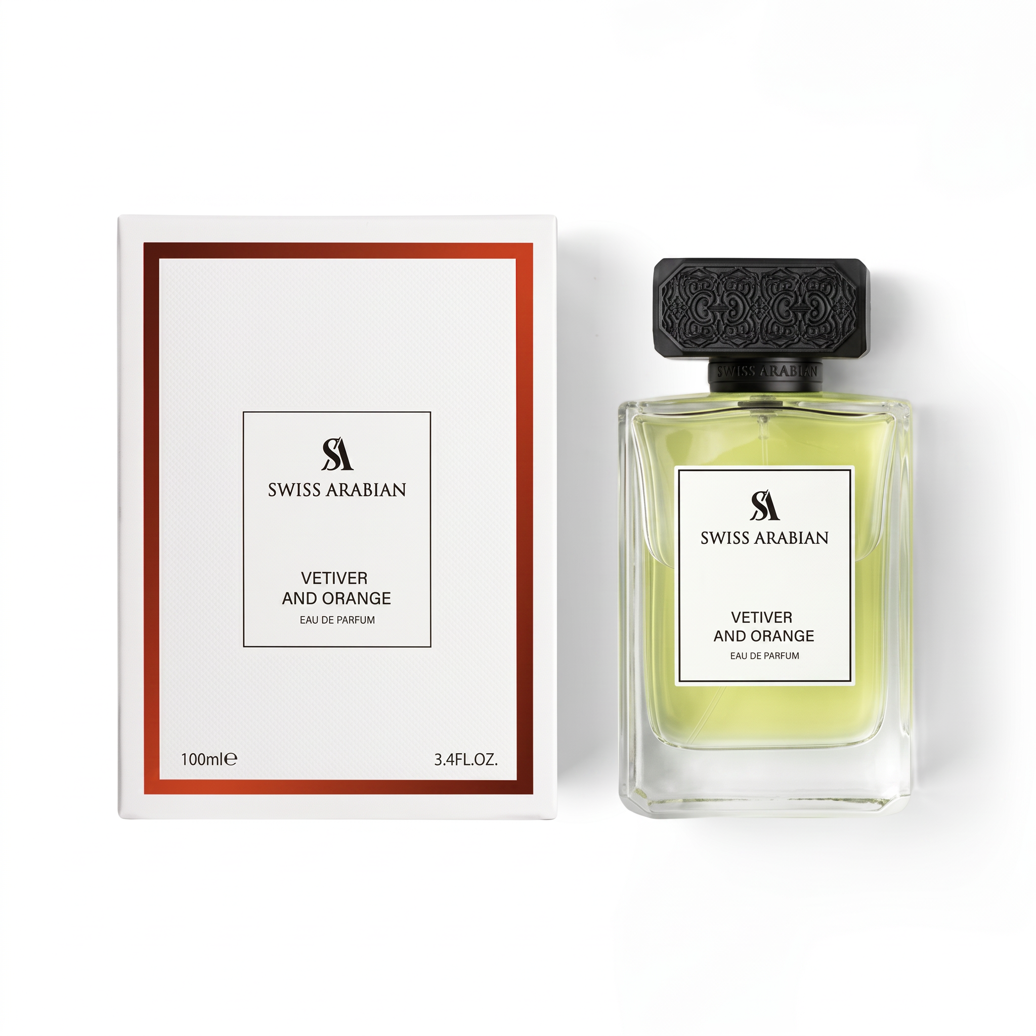 Palette 21 Swiss Arabian Vetiver and Orange Eau de Parfum bottle and white box packaging on a clean white background.