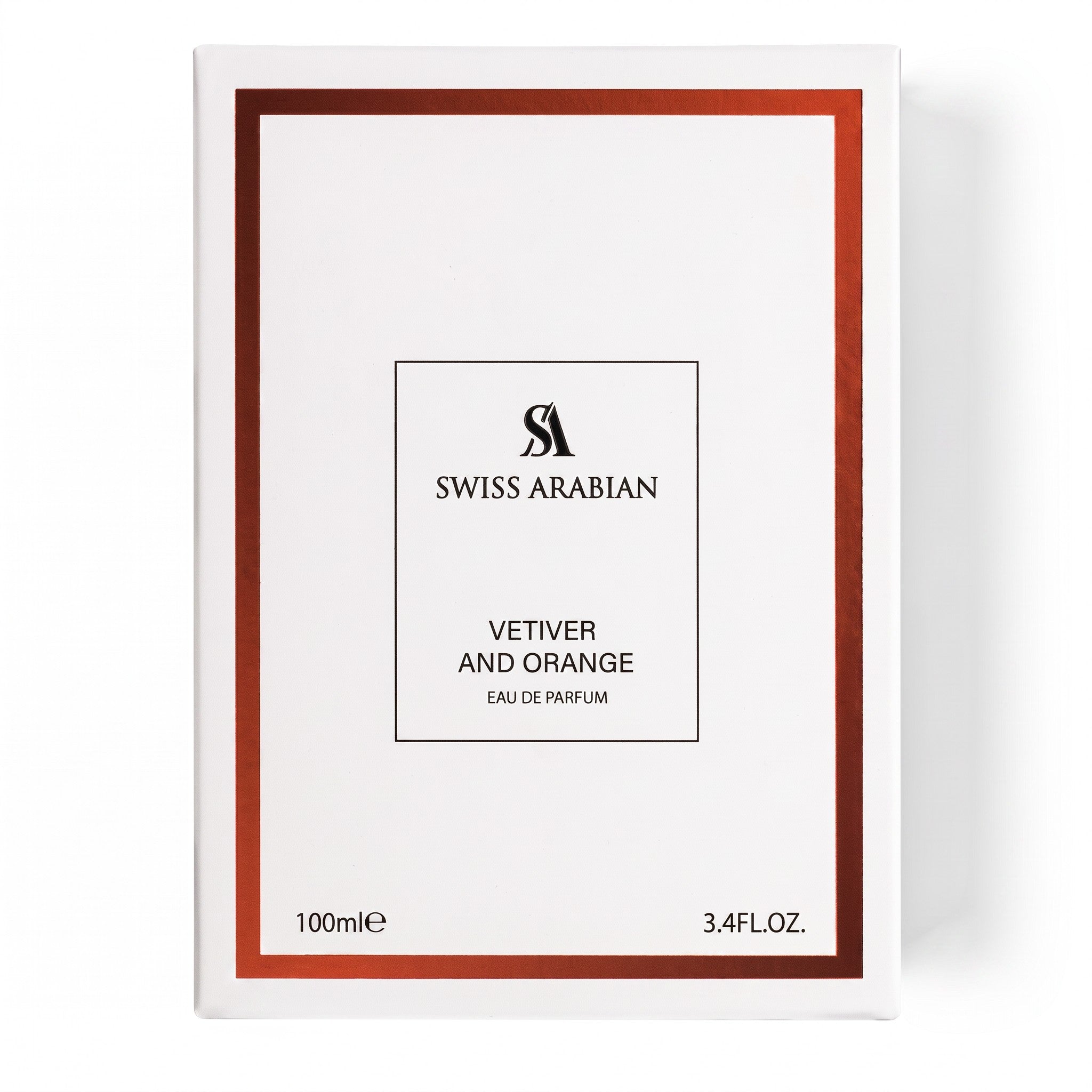 Palette 21 Swiss Arabian Vetiver and Orange Eau de Parfum 100ml fragrance box with white and metallic orange border