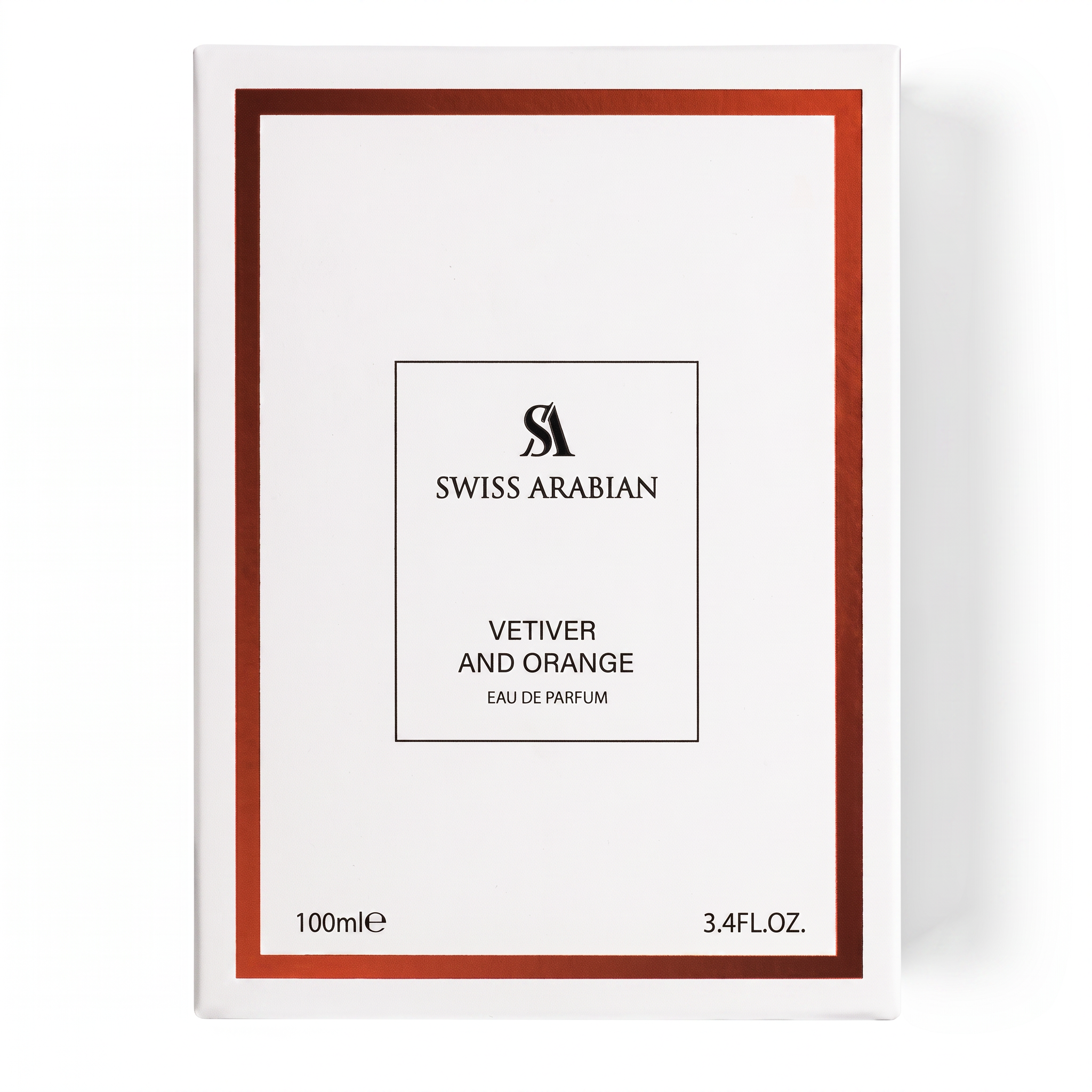 Palette 21 Swiss Arabian Vetiver and Orange Eau de Parfum 100ml fragrance box with white and metallic orange border