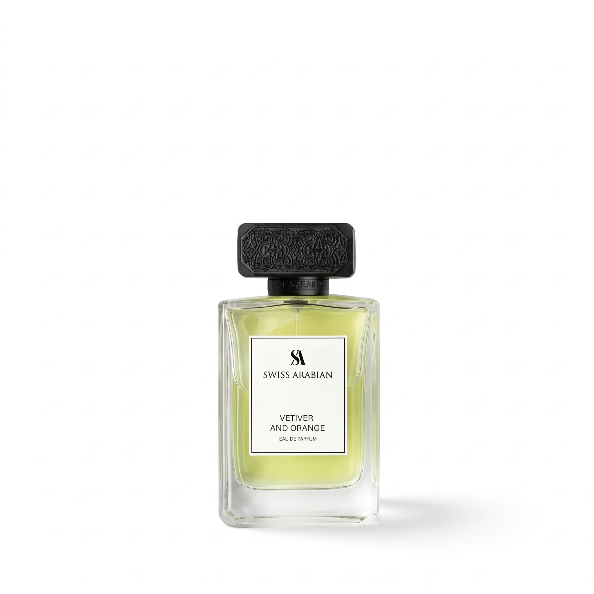 Palette 21 SWISS ARABIAN Vetiver and Orange Eau de Parfum in a clear glass bottle with an ornate black cap.