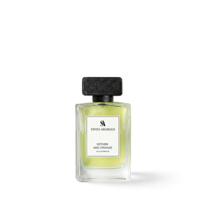 Palette 21 SWISS ARABIAN Vetiver and Orange Eau de Parfum in a clear glass bottle with an ornate black cap.