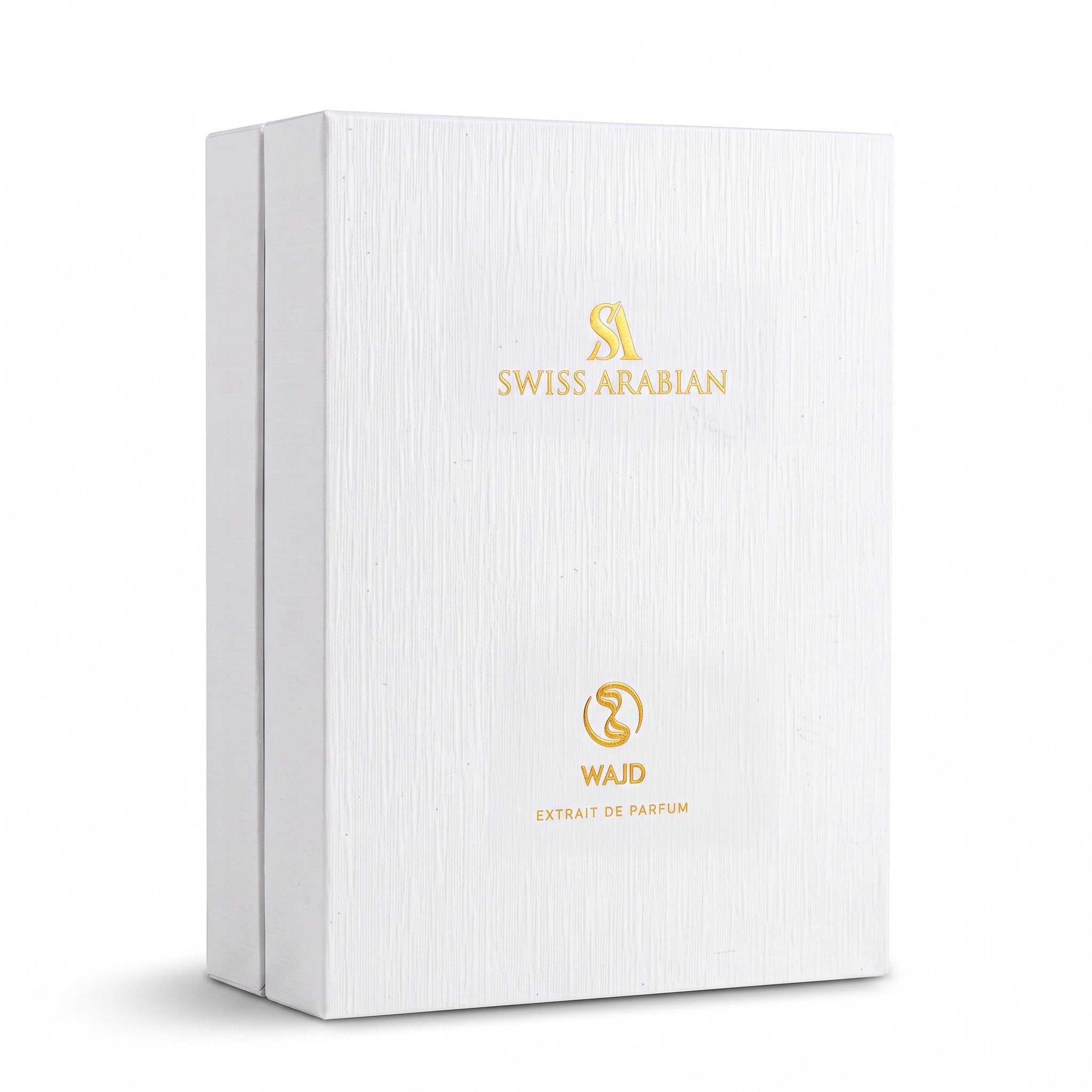 Palette 21 Swiss Arabian WAJD Extrait de Parfum white textured gift box with gold embossed branding
