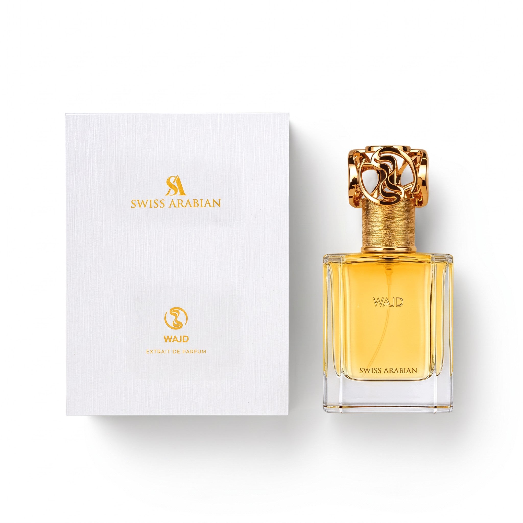 Palette 21 Swiss Arabian WAJD extrait de parfum in a glass bottle with a gold cap next to its white textured box.