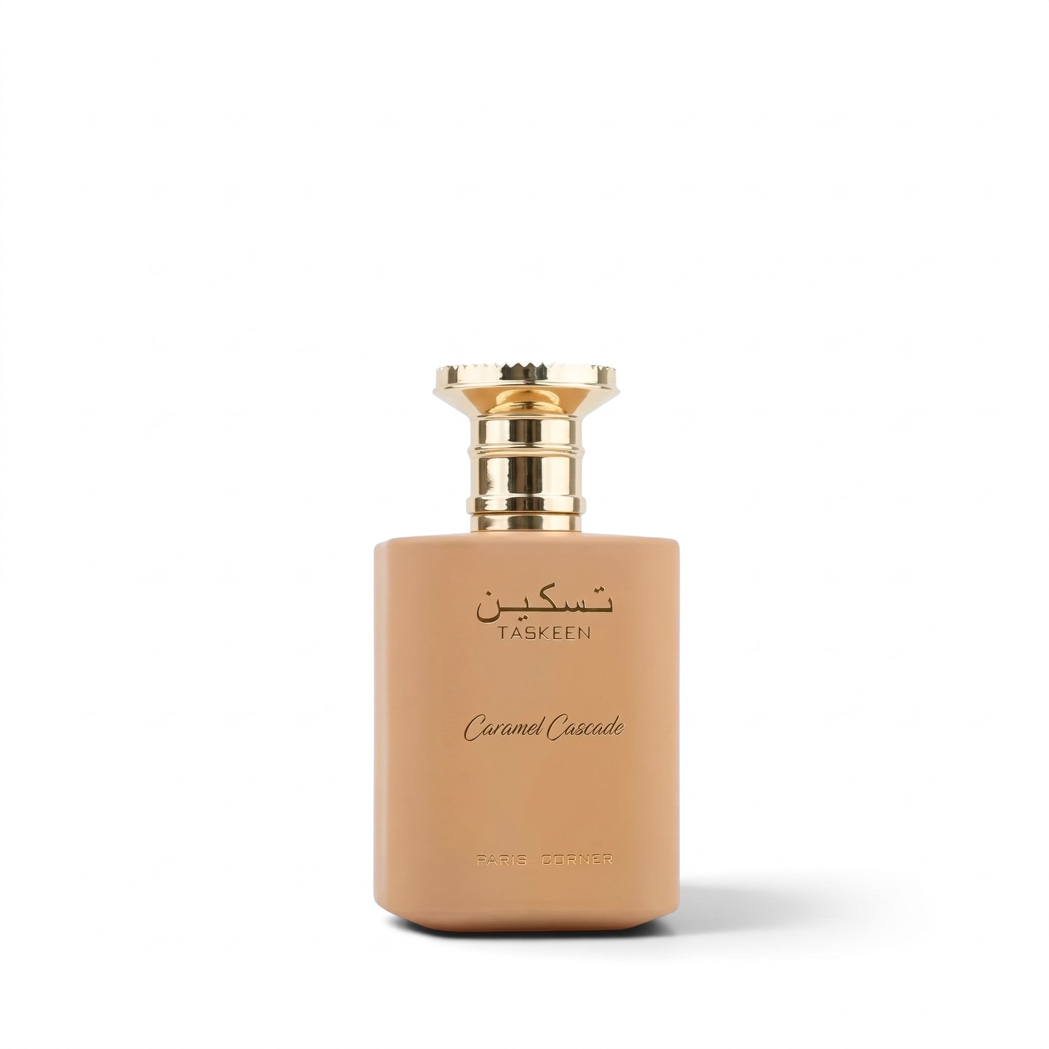 Palette 21 Taskeen Caramel Cascade eau de parfum in a matte beige bottle with a gold cap on a white background