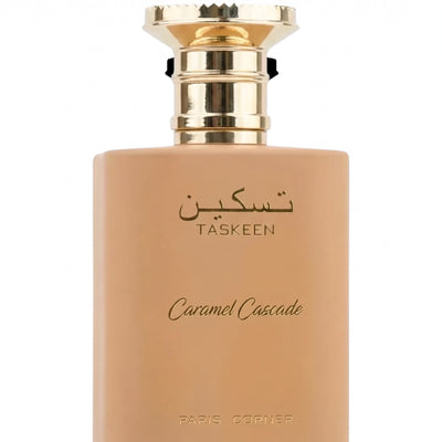 Palette 21 Paris Corner Taskeen Caramel Cascade perfume bottle in a matte beige finish with a gold metallic cap.