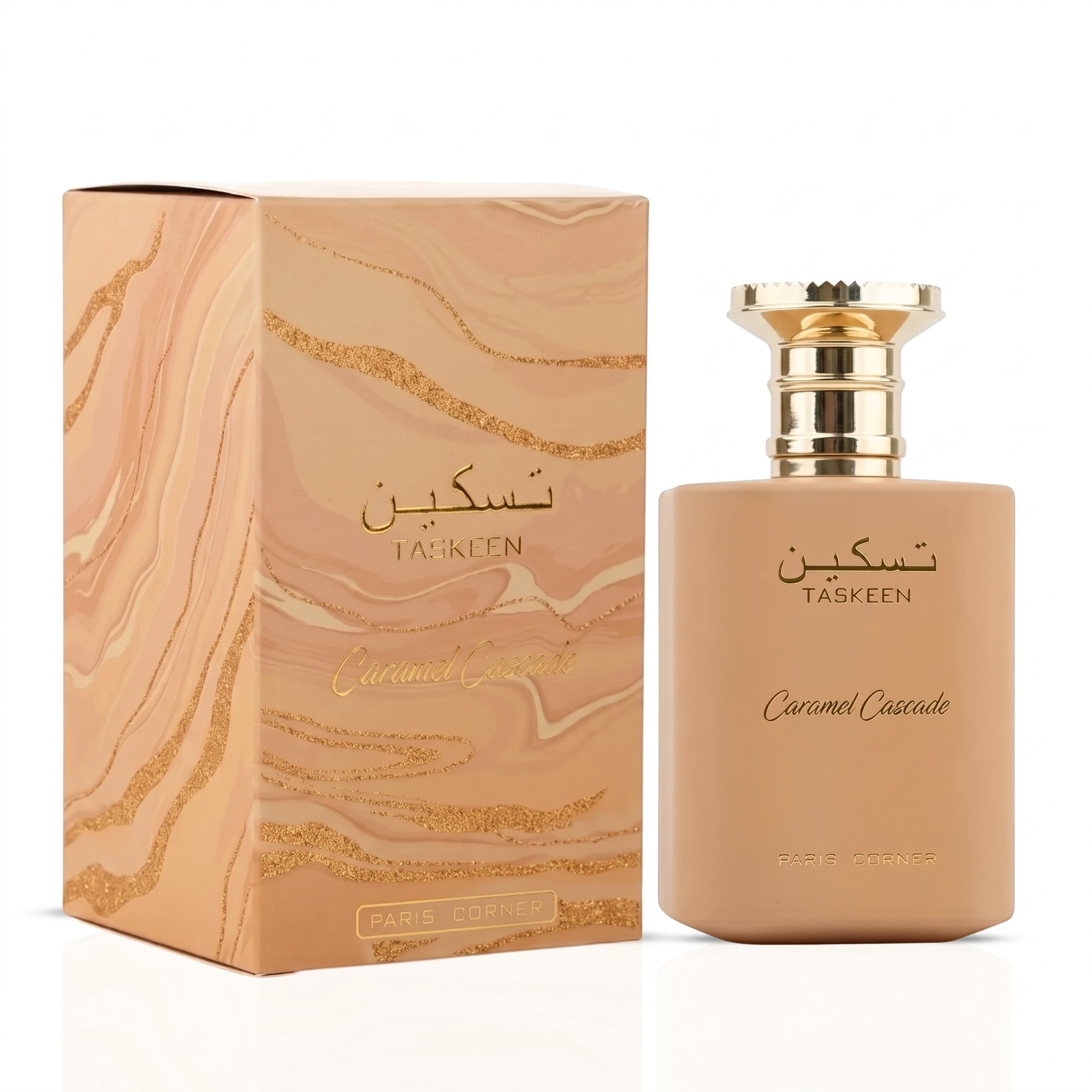 Palette 21 Paris Corner Taskeen Caramel Cascade perfume bottle and box with beige marble pattern and gold accents.