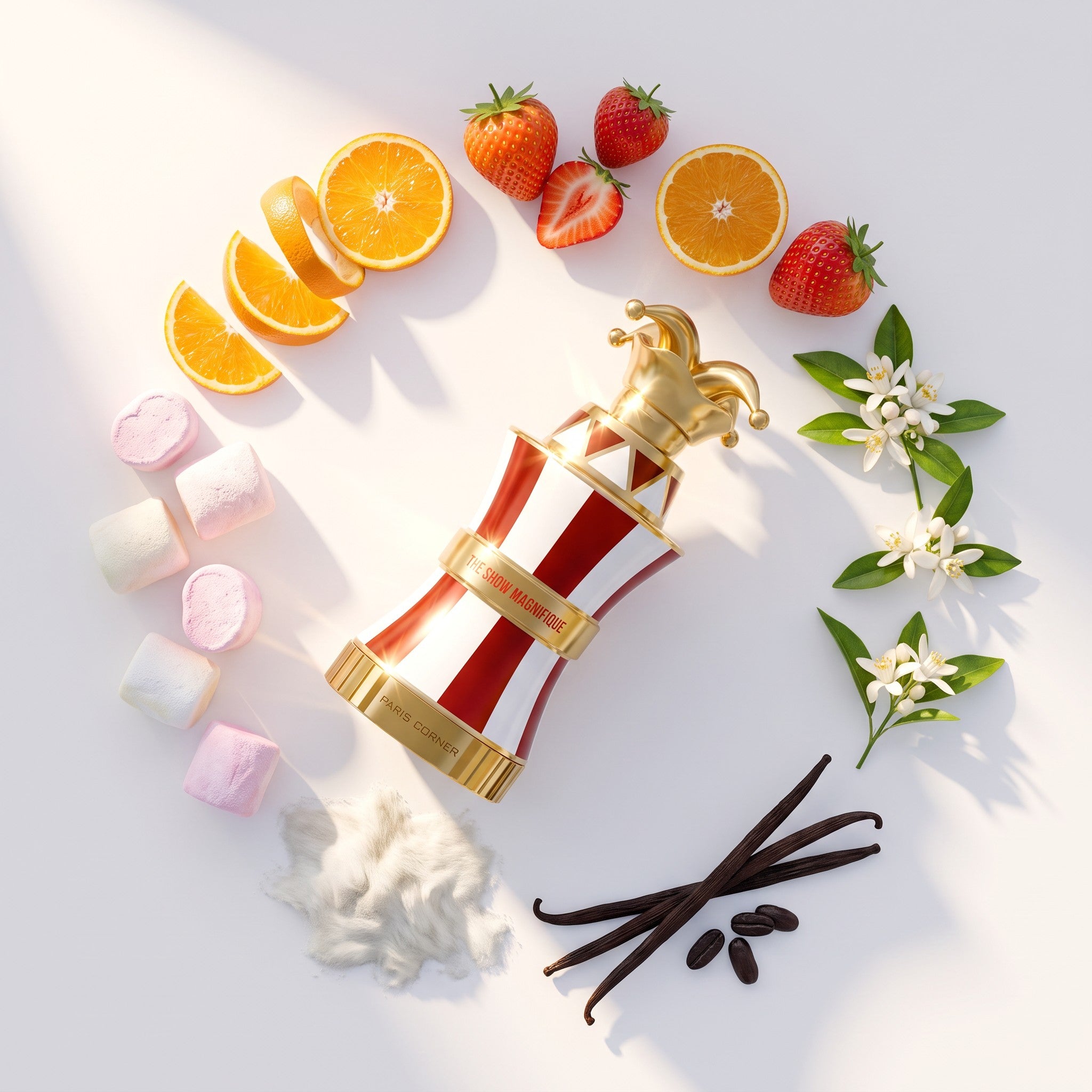 Palette 21 Paris Corner The Show Magnifique perfume bottle surrounded by strawberries, oranges, marshmallows, and vanilla.