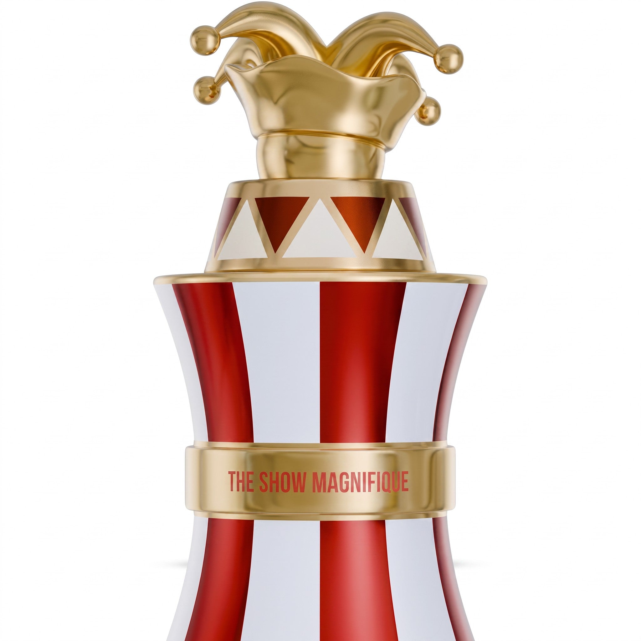 Palette 21 Paris Corner The Show Magnifique perfume bottle with a gold jester cap and red and white striped design.
