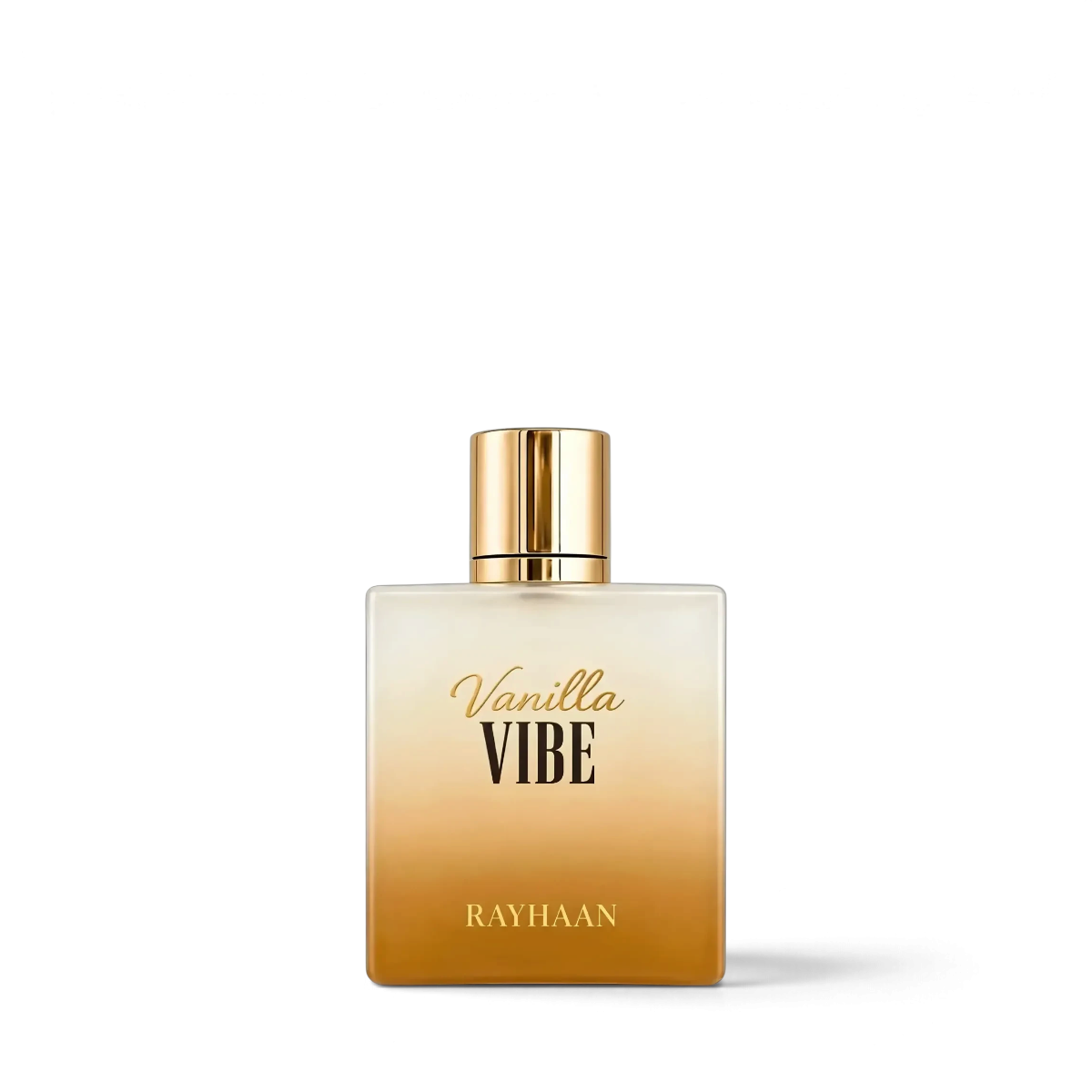 Palette 21 Vanilla Vibe Rayhaan perfume bottle with a gold cap and a square glass bottle featuring an amber gradient.