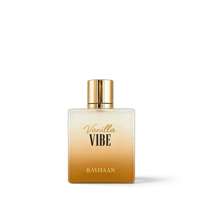 Palette 21 Vanilla Vibe Rayhaan perfume bottle with a gold cap and a square glass bottle featuring an amber gradient.