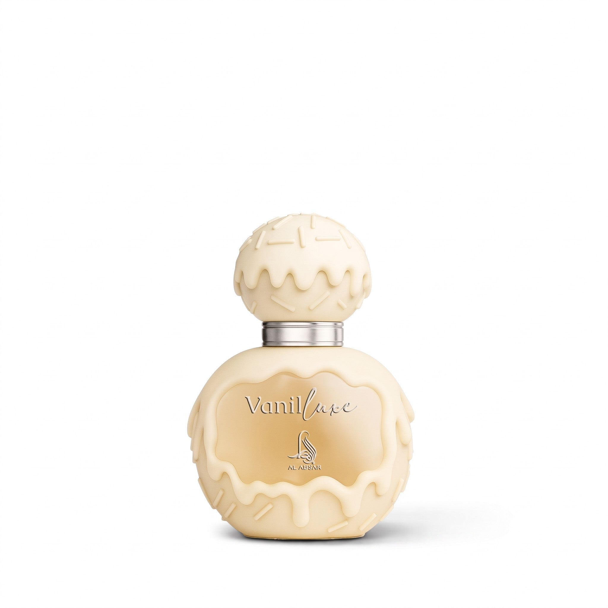 Palette 21 AL ASRAR Vanilluxe Eau de Parfum in a cream-colored bottle with a unique dripping icing and sprinkle design.