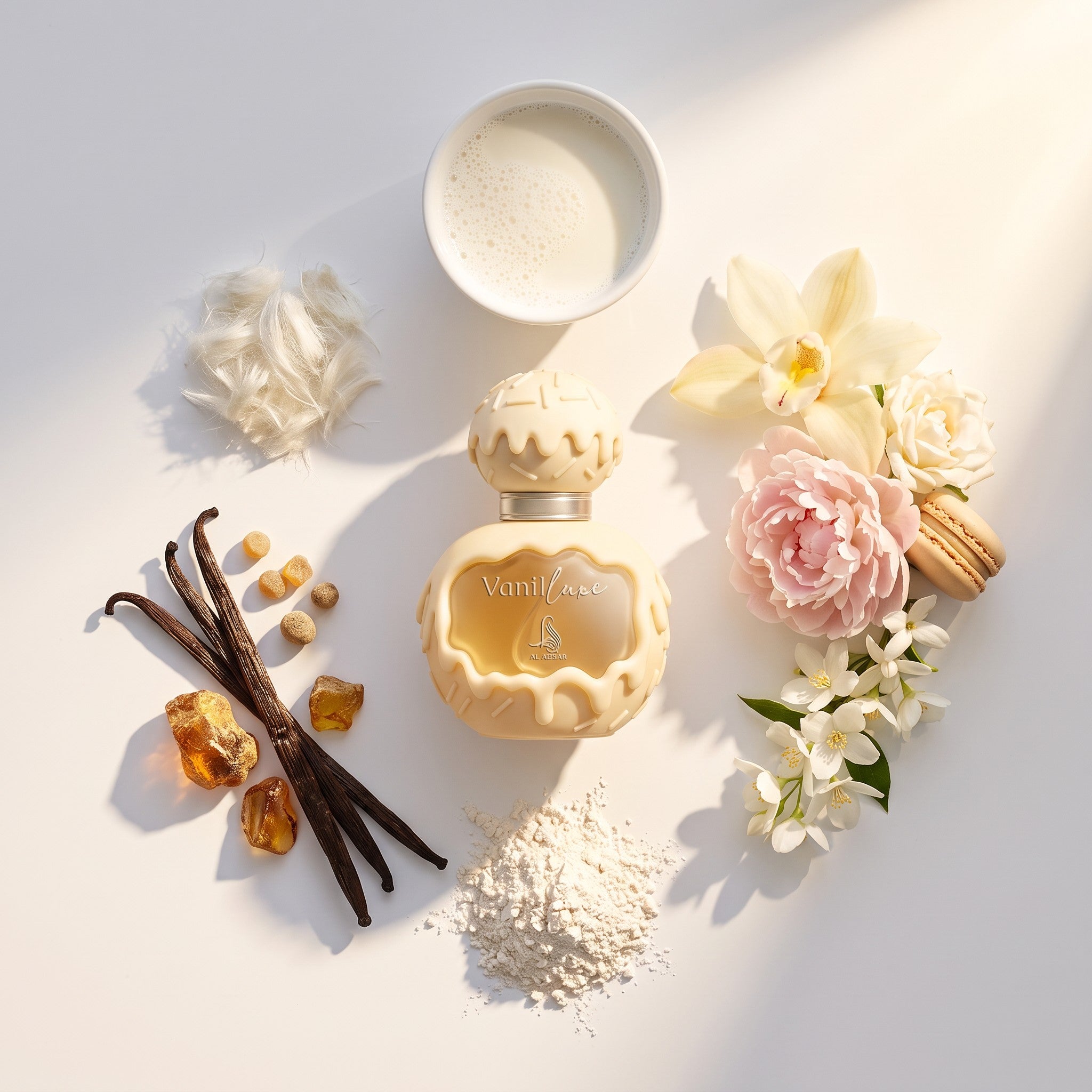 Palette 21 AL ASRAR Vanilluxe Eau de Parfum bottle surrounded by vanilla beans, flowers, and cream on a white surface.