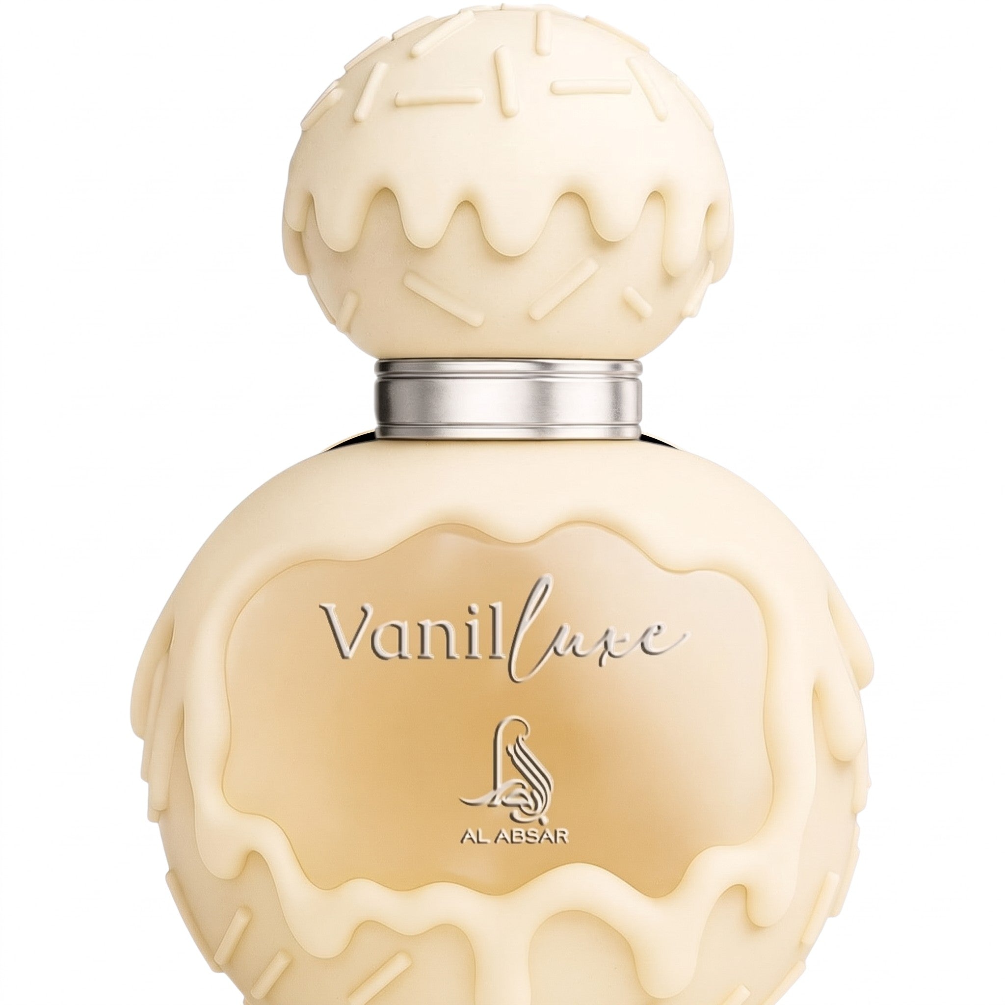 Palette 21 AL ASRAR Vanilluxe Eau de Parfum in a cream-colored bottle with a unique dripping icing and sprinkle design.