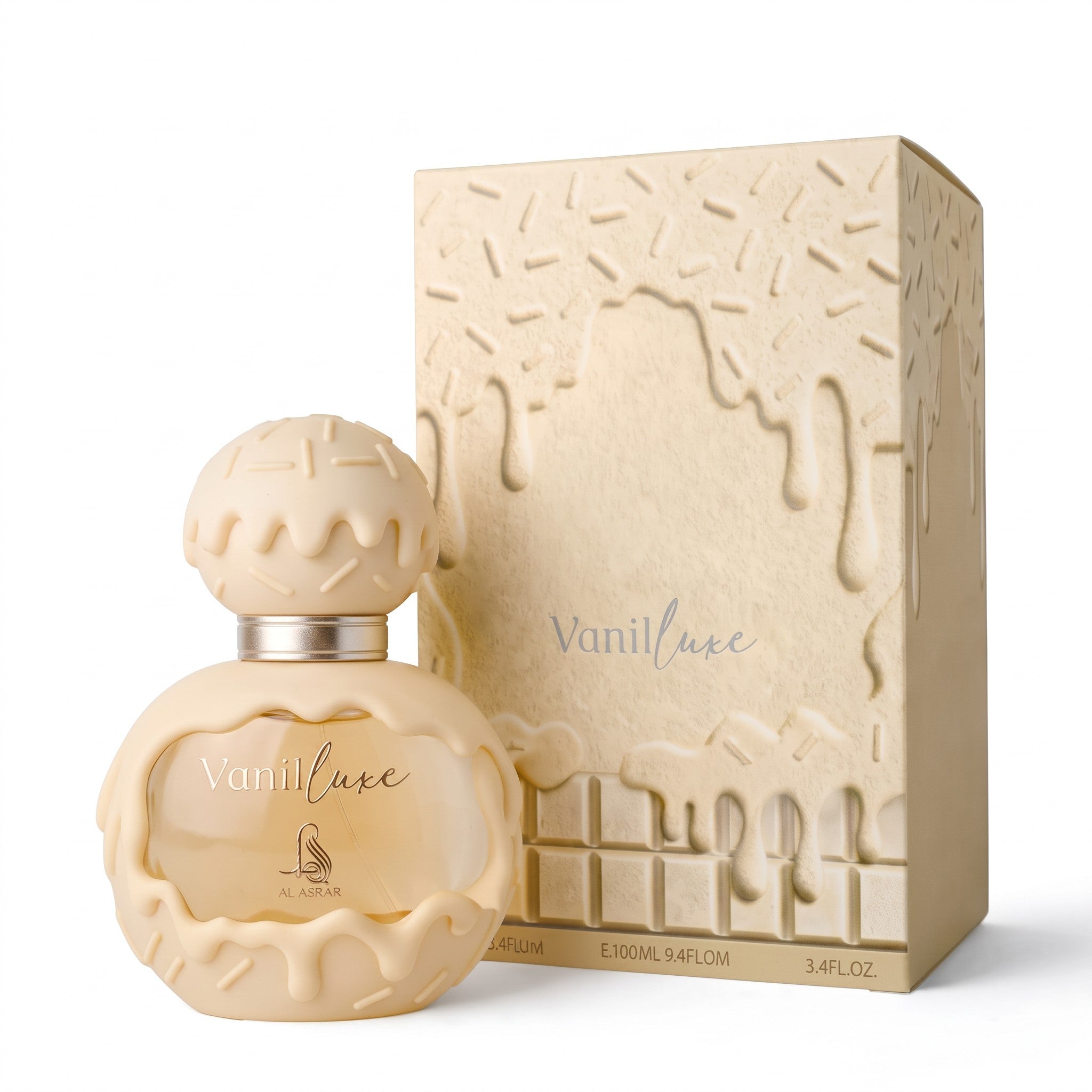 Palette 21 AL ASRAR Vanilluxe Eau de Parfum in a cream-colored bottle and box with a dessert-inspired icing design.