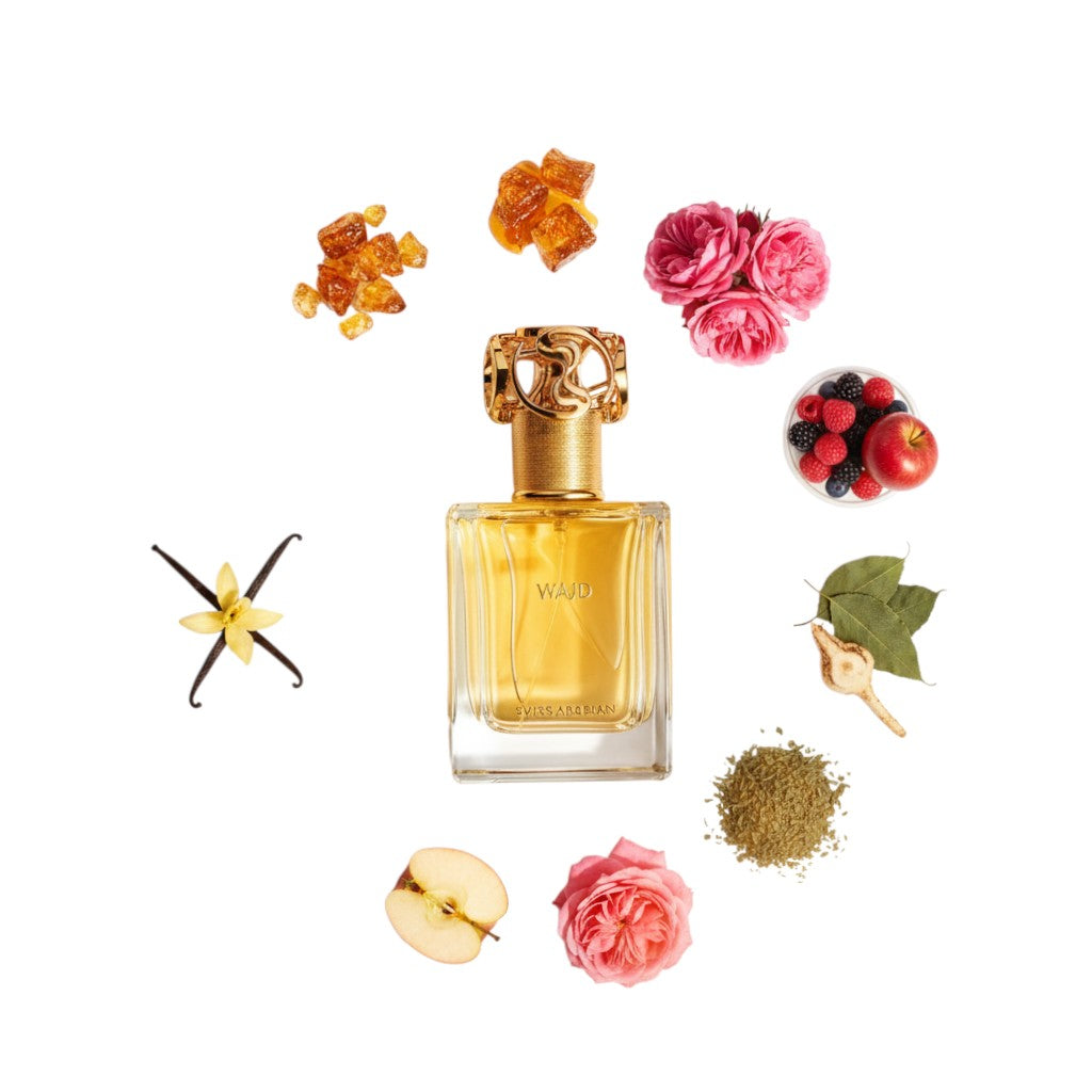 Palette 21 WAJD perfume bottle surrounded by rose petals, berries, apple slices, vanilla, and spices on white background