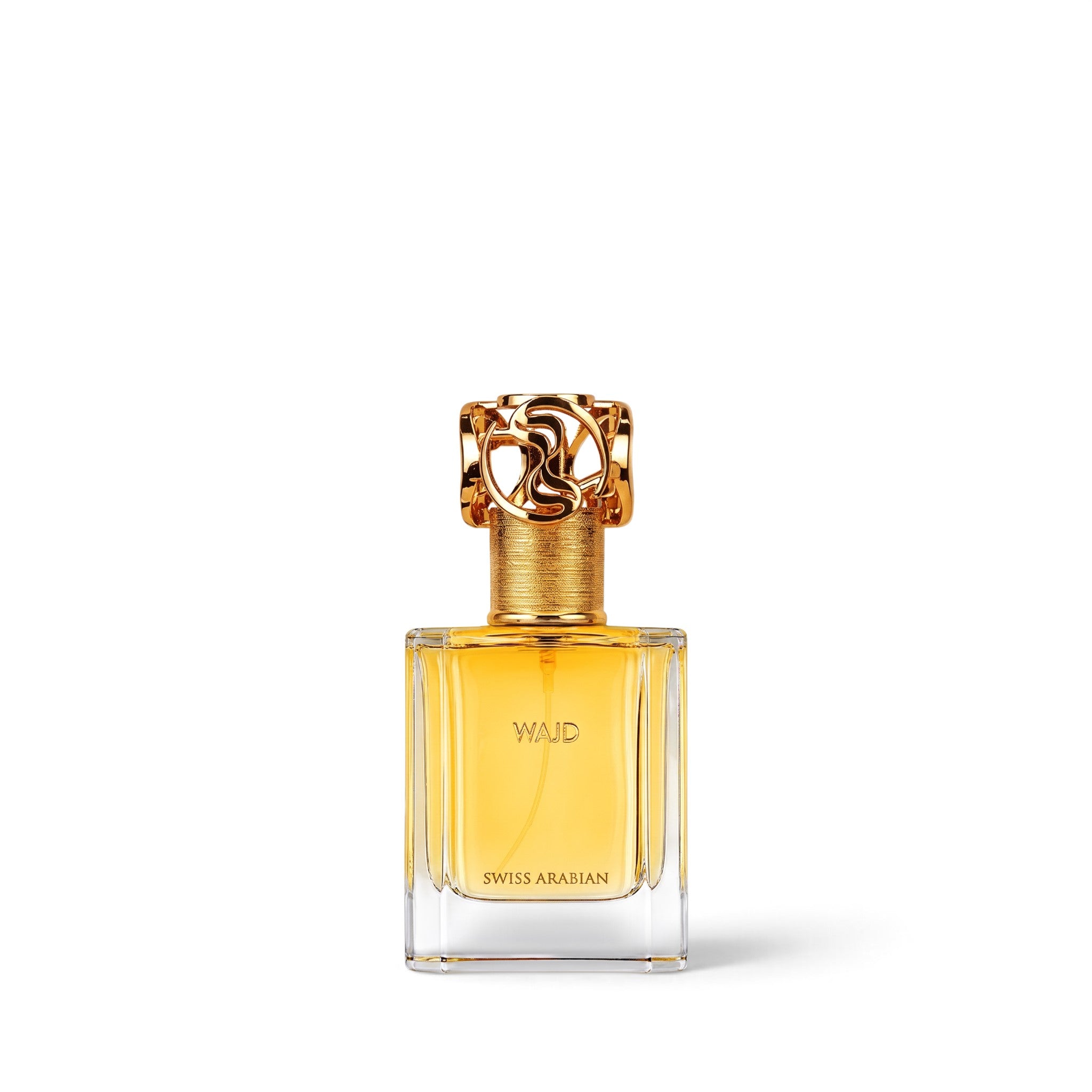 Palette 21 WAJD Swiss Arabian perfume in a clear glass bottle with a decorative gold cap on a white background