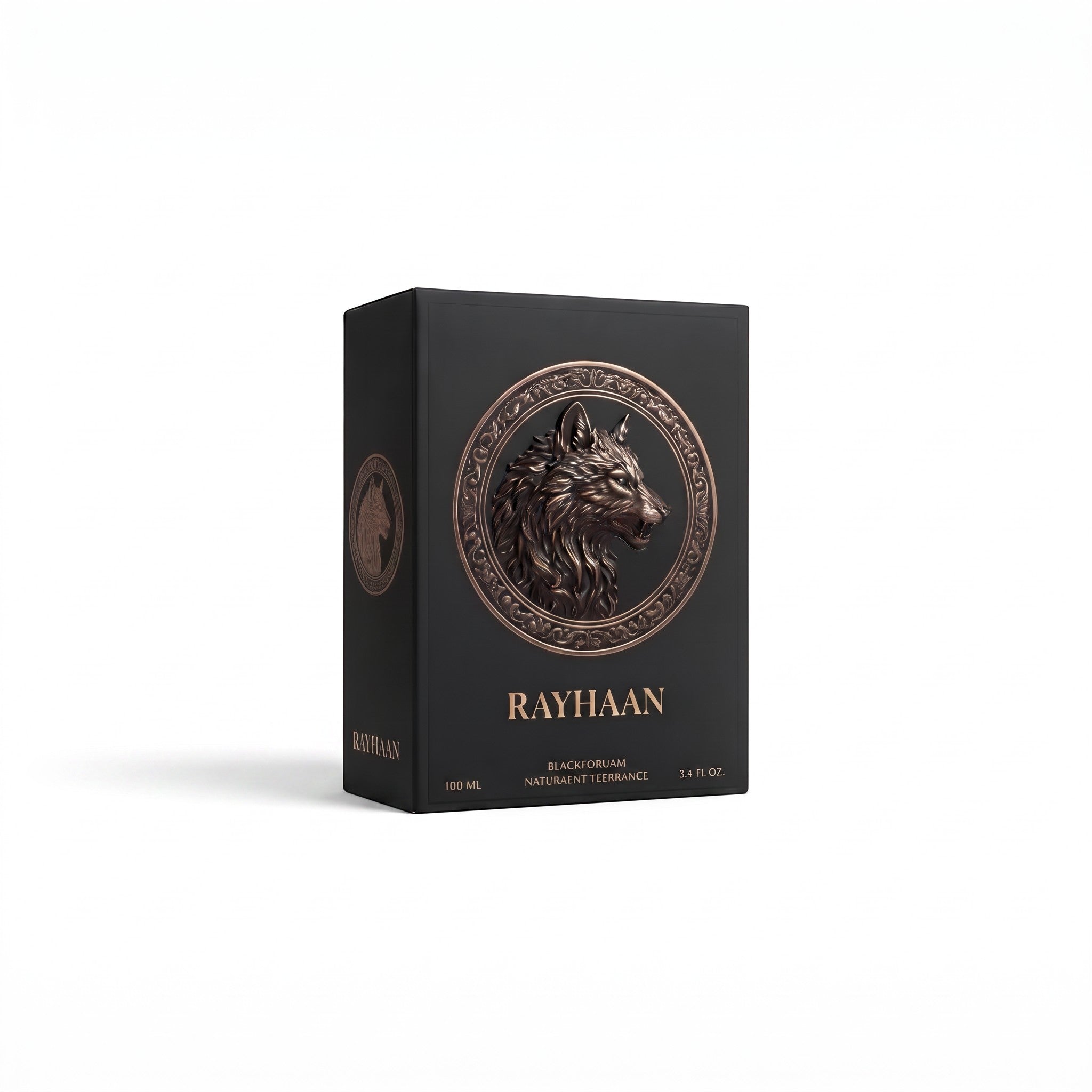 Palette 21 Wolf Rayhaan fragrance box in matte black with a metallic bronze wolf emblem in a circular frame.