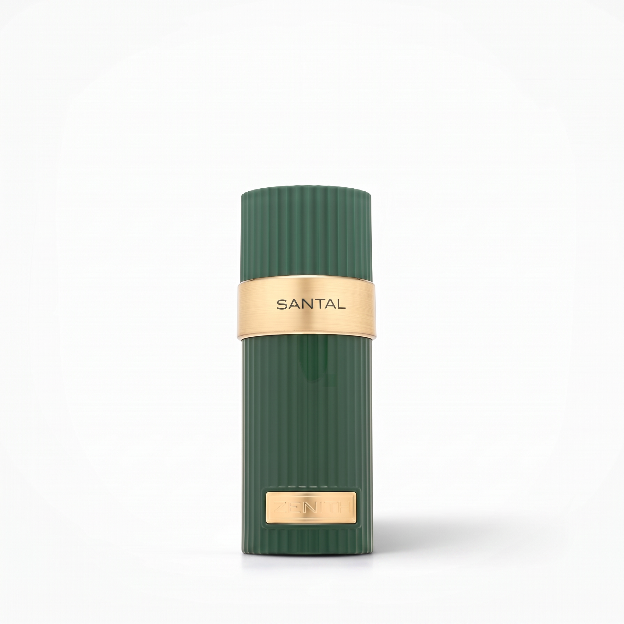 Palette 21 Zenith Santal eau de parfum in a forest green fluted bottle with polished gold accents.