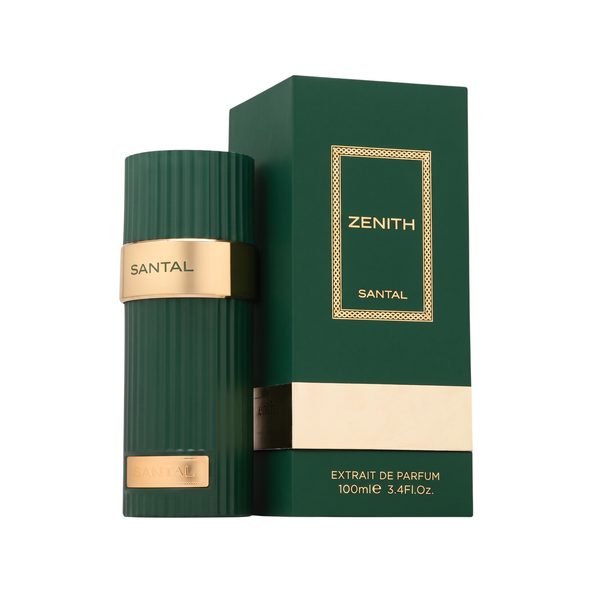 Palette 21 Zenith Santal Extrait de Parfum in a forest green fluted bottle with gold accents next to its matching box.