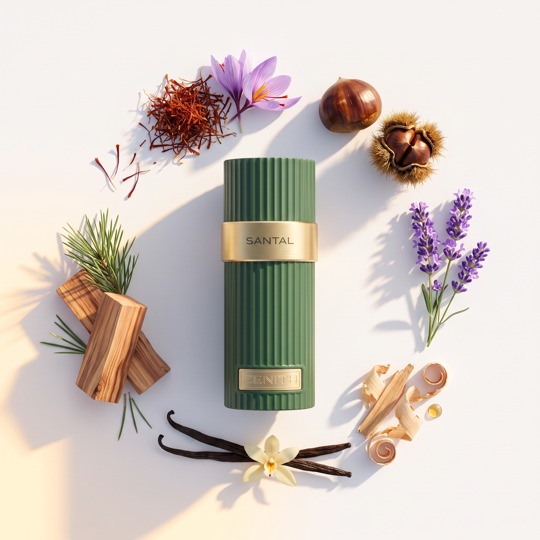 Palette 21 Zenith Santal perfume bottle in forest green with gold accents surrounded by sandalwood, saffron, and vanilla
