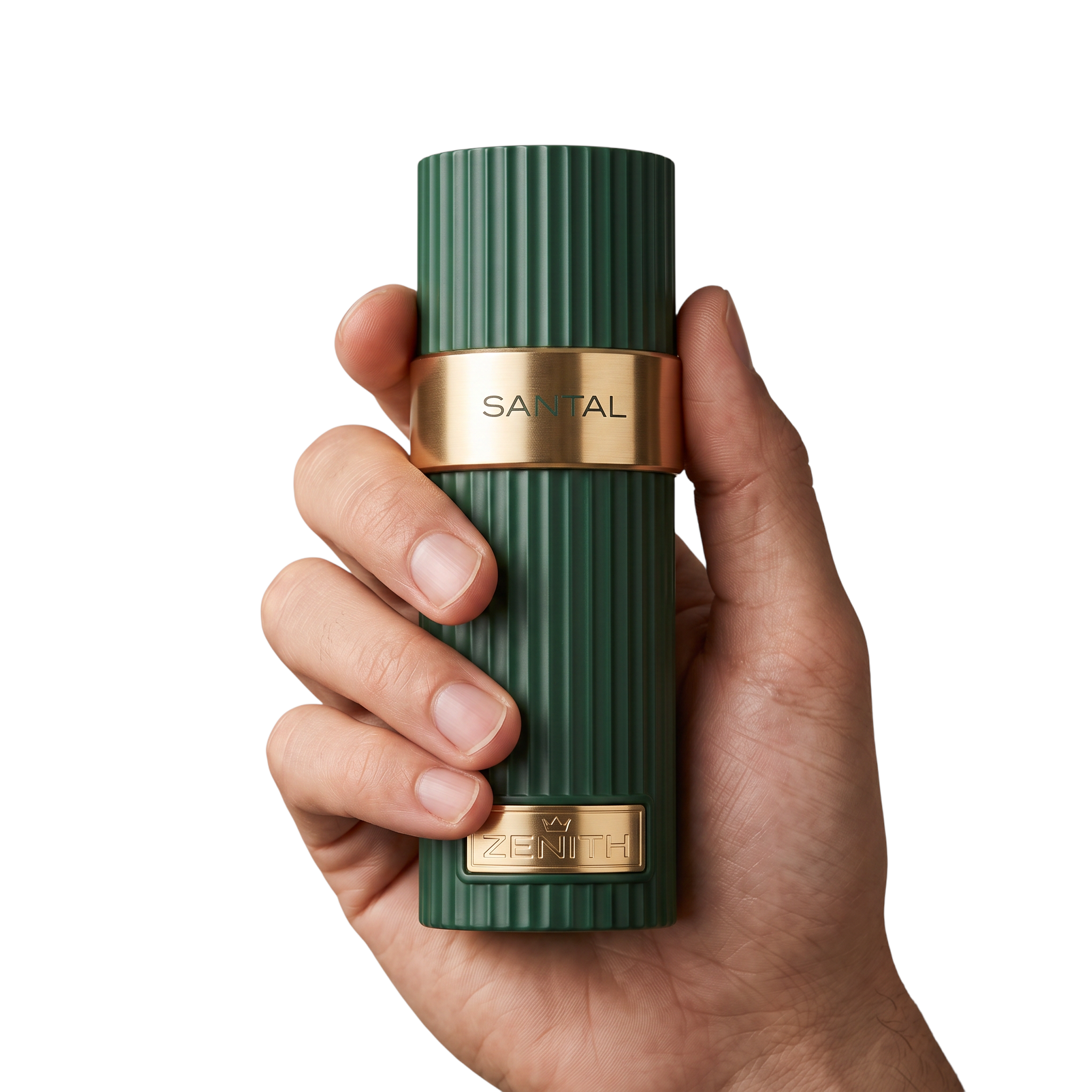 Palette 21 Zenith Santal extrait de parfum in a forest green fluted bottle with gold accents held in a hand