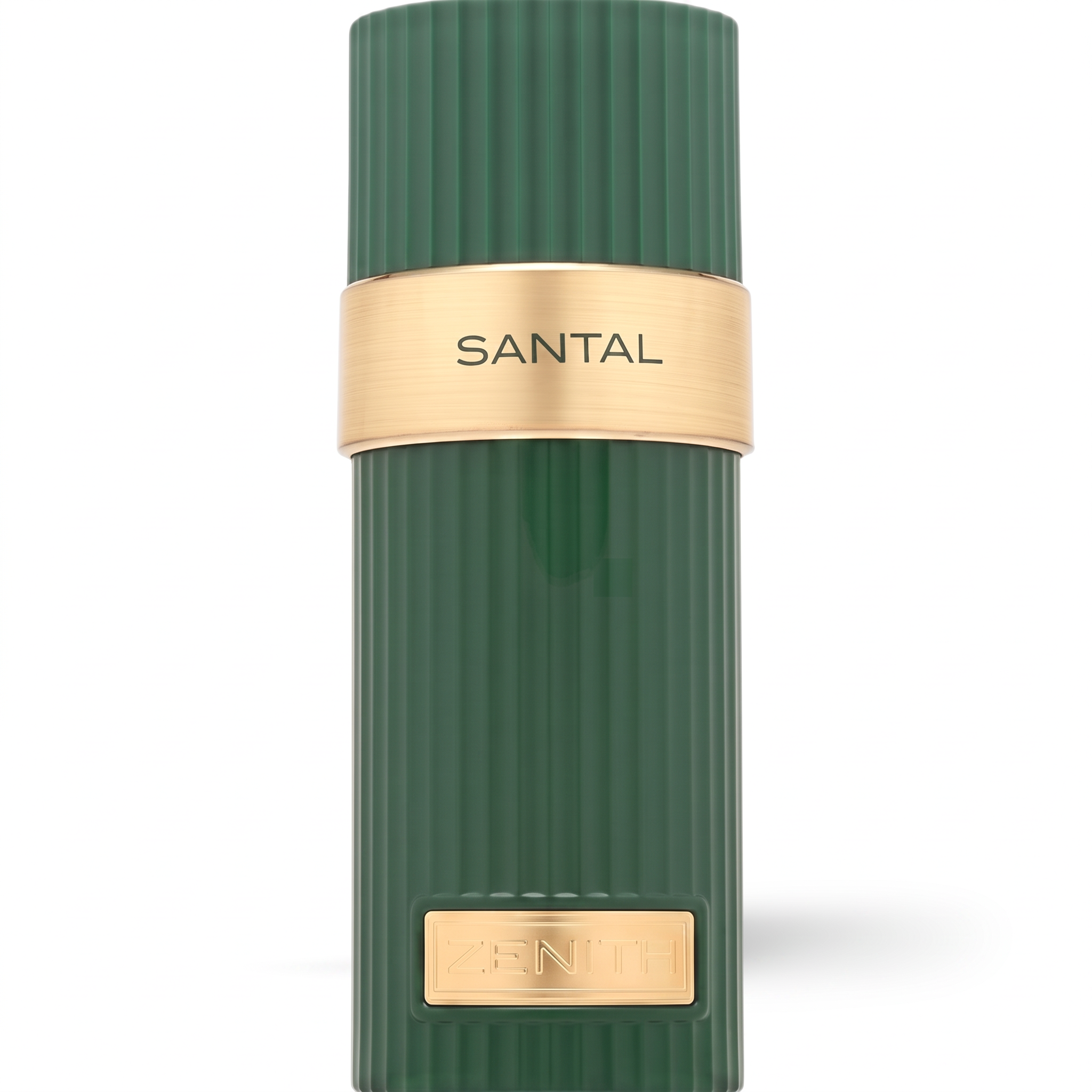 Palette 21 Zenith Santal extrait de parfum in a forest green fluted bottle with elegant gold accents.