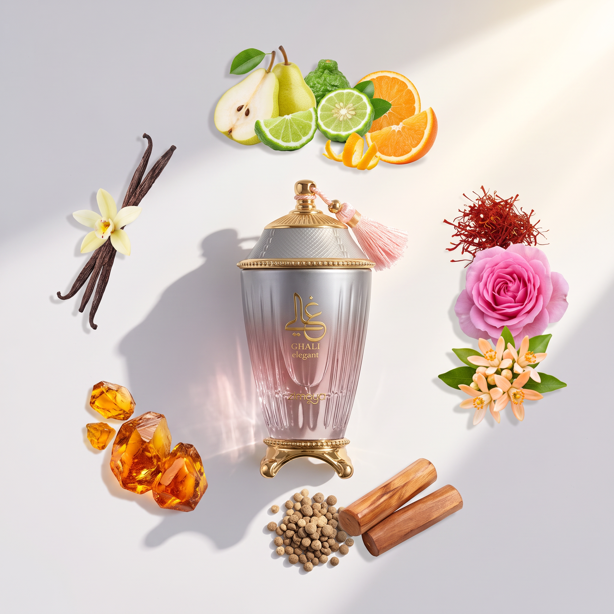 Palette 21 Zimaya Ghali Elegant perfume bottle surrounded by ingredients like citrus, vanilla, rose, and amber.