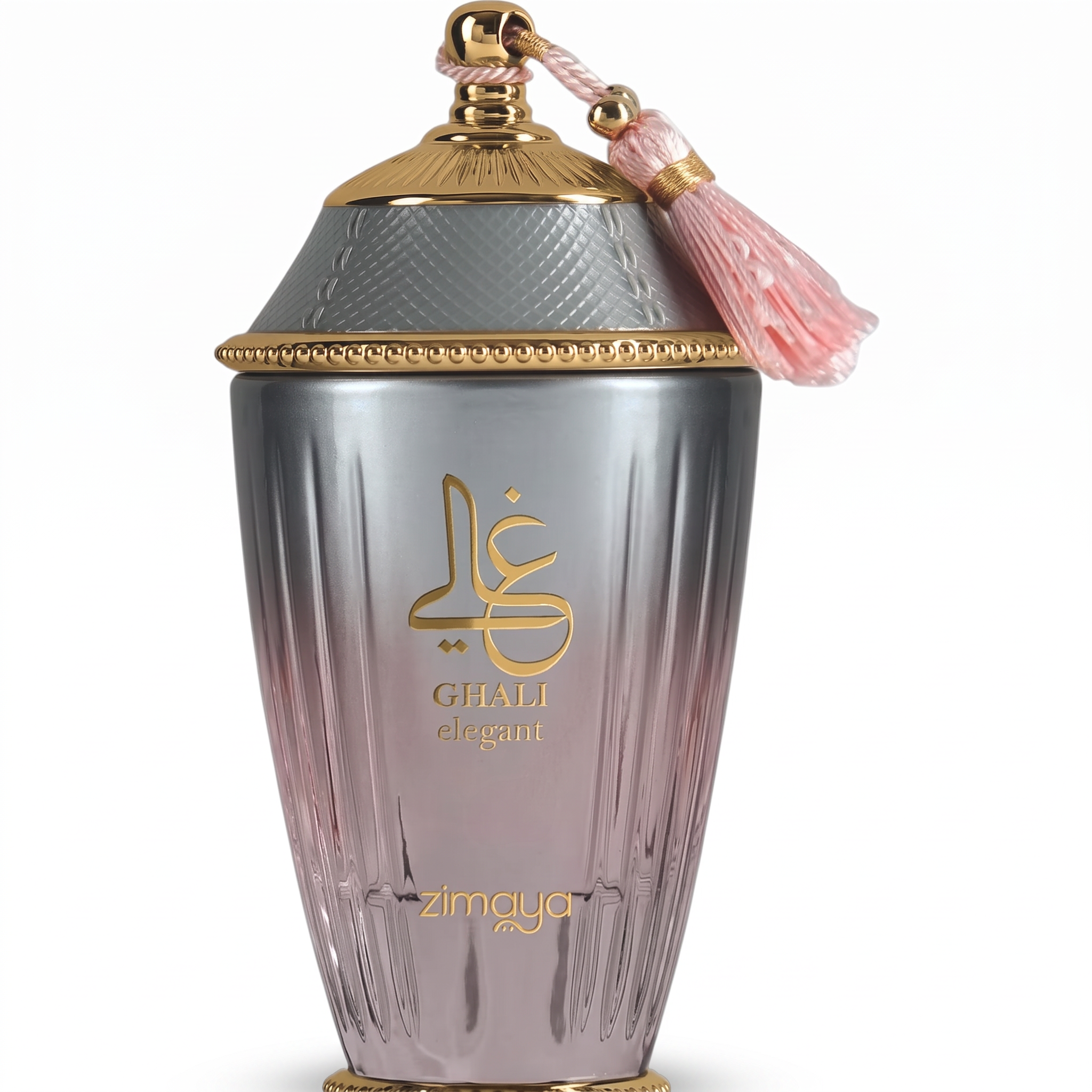 Palette 21 Zimaya Ghali Elegant Eau de Parfum in a gradient grey and pink glass bottle with gold accents and a tassel.