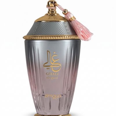 Palette 21 Zimaya Ghali Elegant Eau de Parfum in a gradient grey and pink glass bottle with gold accents and a tassel.