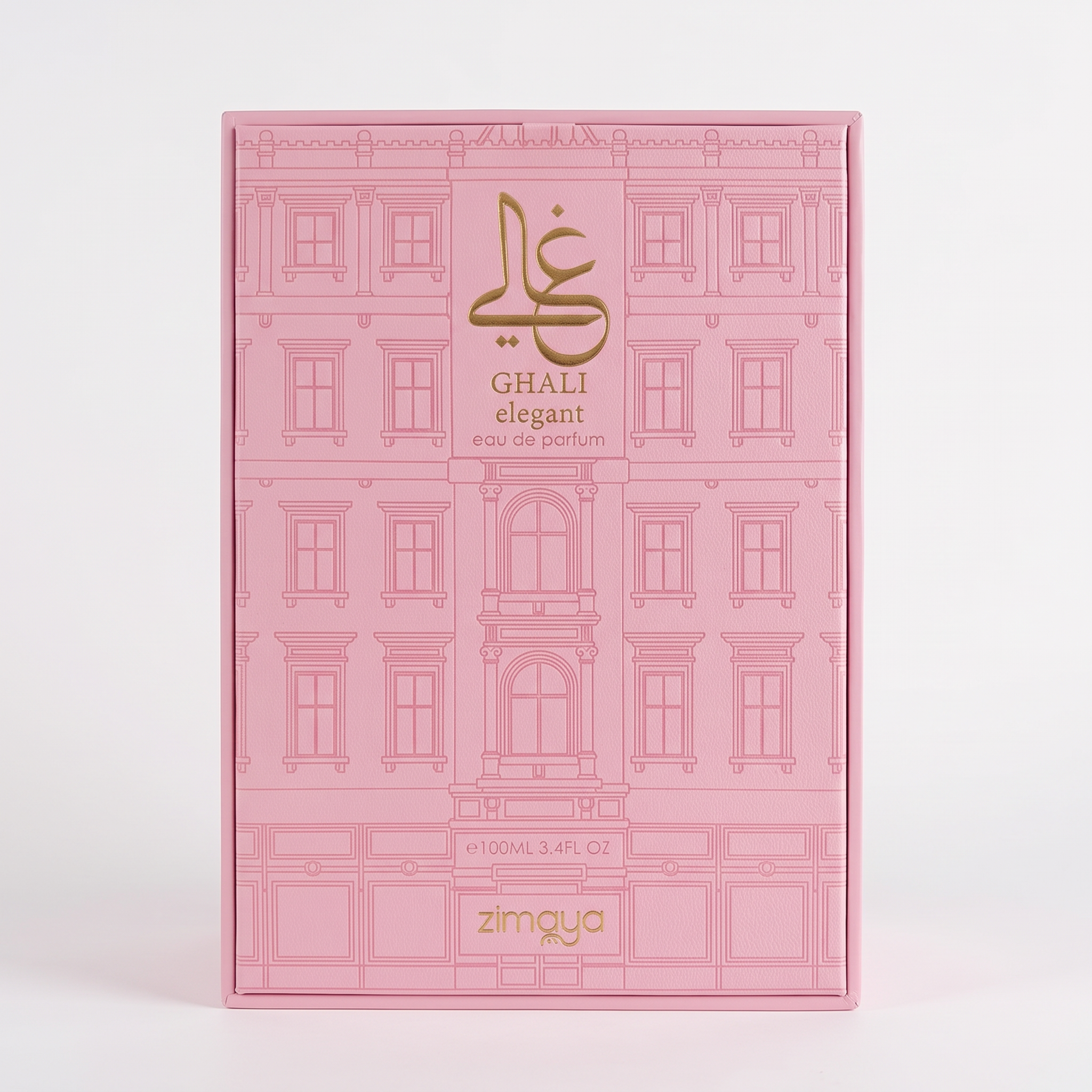 Palette 21 zimaya Ghali Elegant Eau De Parfum pink presentation box with gold embossed architectural building design