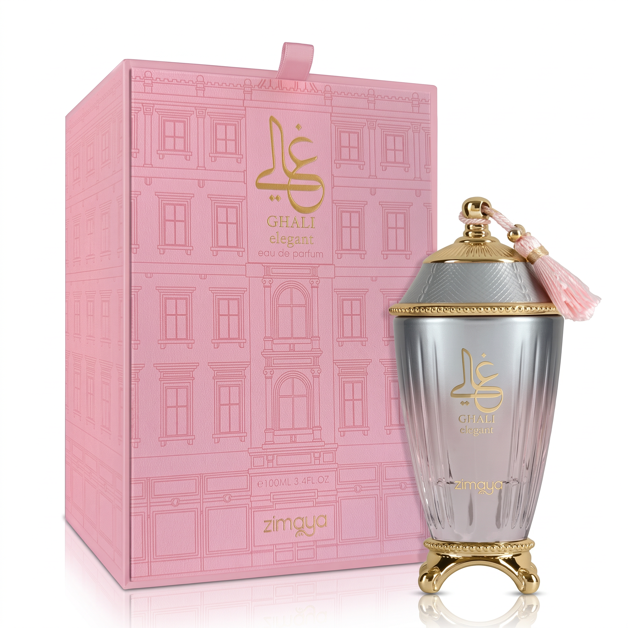 Palette 21 zimaya Ghali Elegant unisex eau de parfum in a gradient bottle with gold accents and pink presentation box