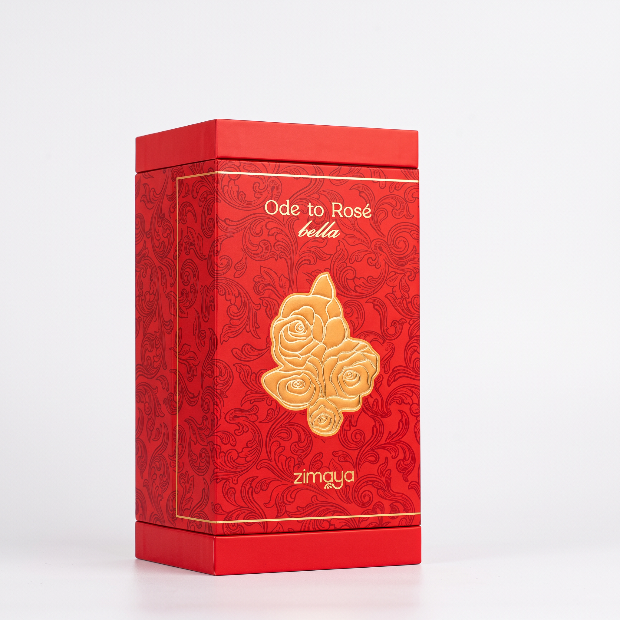 Palette 21 Zimaya Ode to Rosé Bella Eau de Parfum in a vibrant red box with embossed gold rose and intricate patterns.