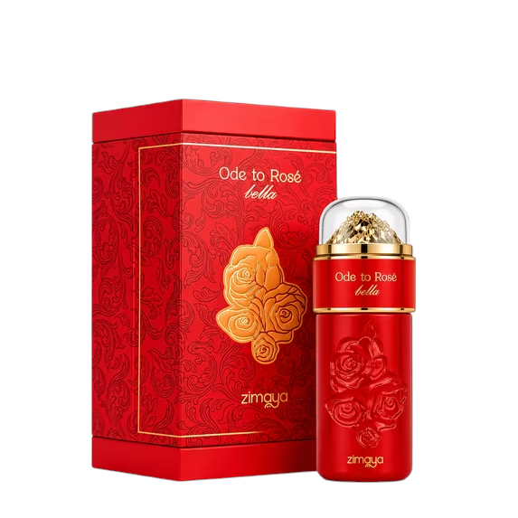 Palette 21 Zimaya Ode to Rosé Bella perfume bottle and red embossed gift box with gold accents