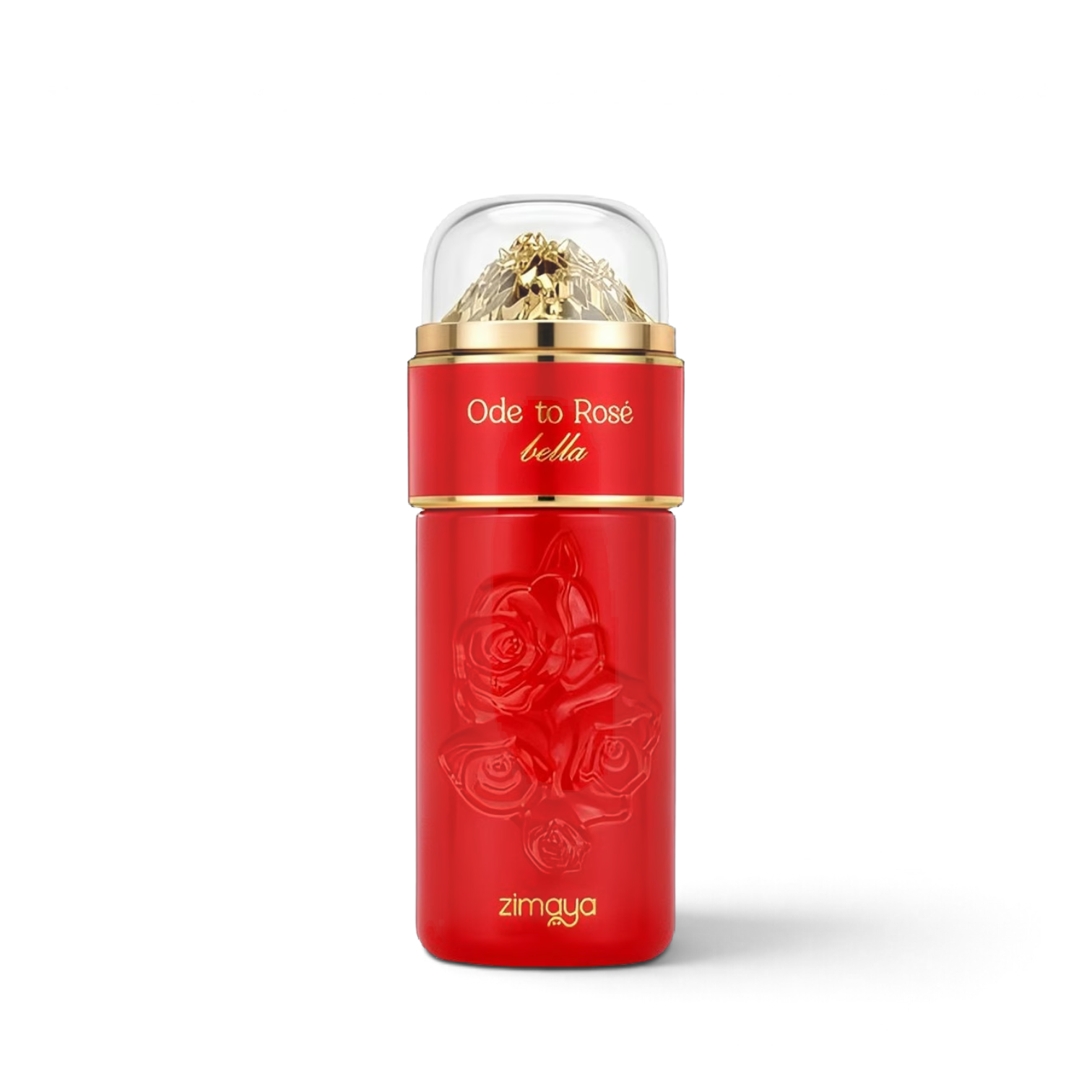 Palette 21 Zimaya Ode to Rosé Bella eau de parfum in a vibrant red bottle with embossed roses and gold accents.