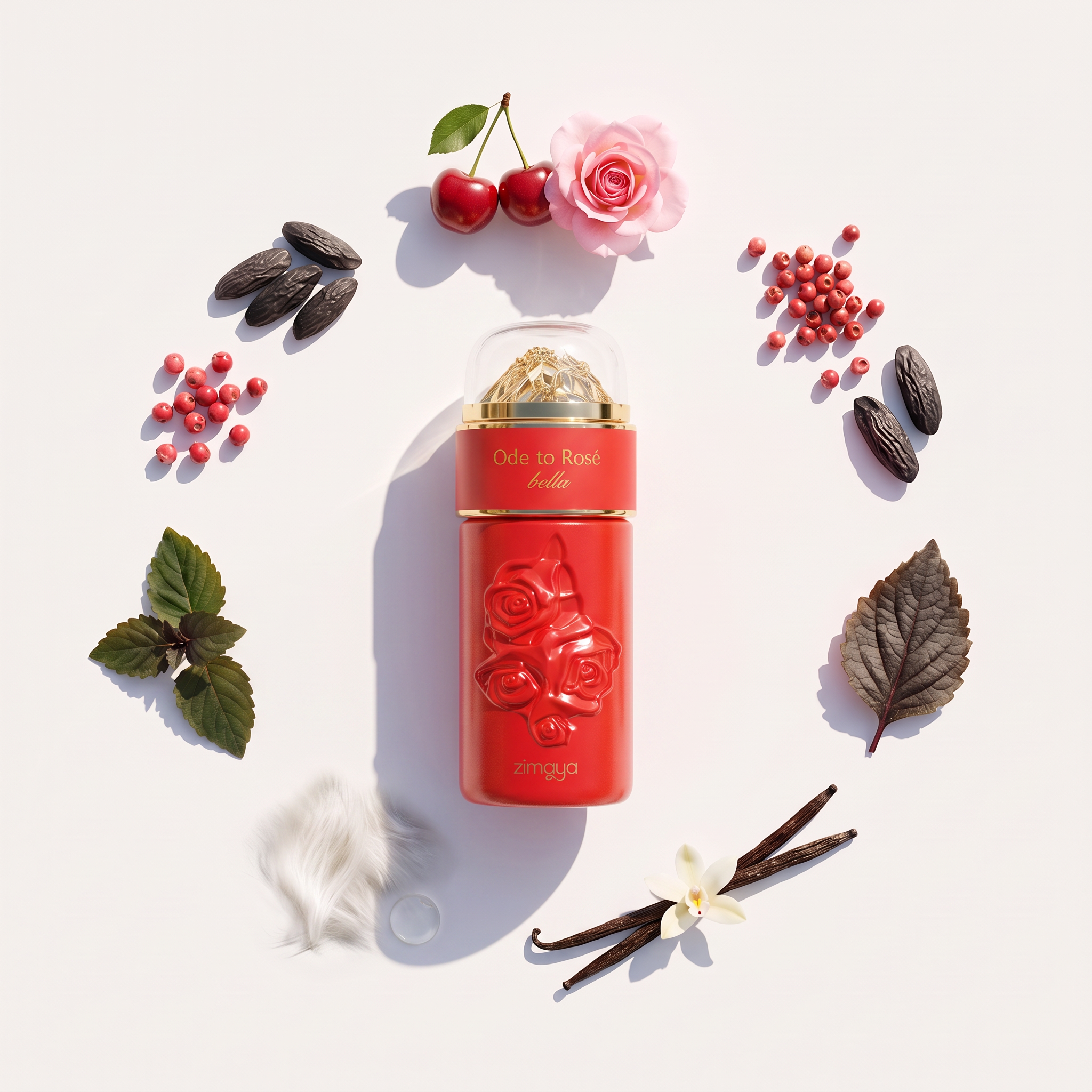 Palette 21 Zimaya Ode to Rosé Bella perfume bottle in red with embossed roses, surrounded by cherries and botanicals.
