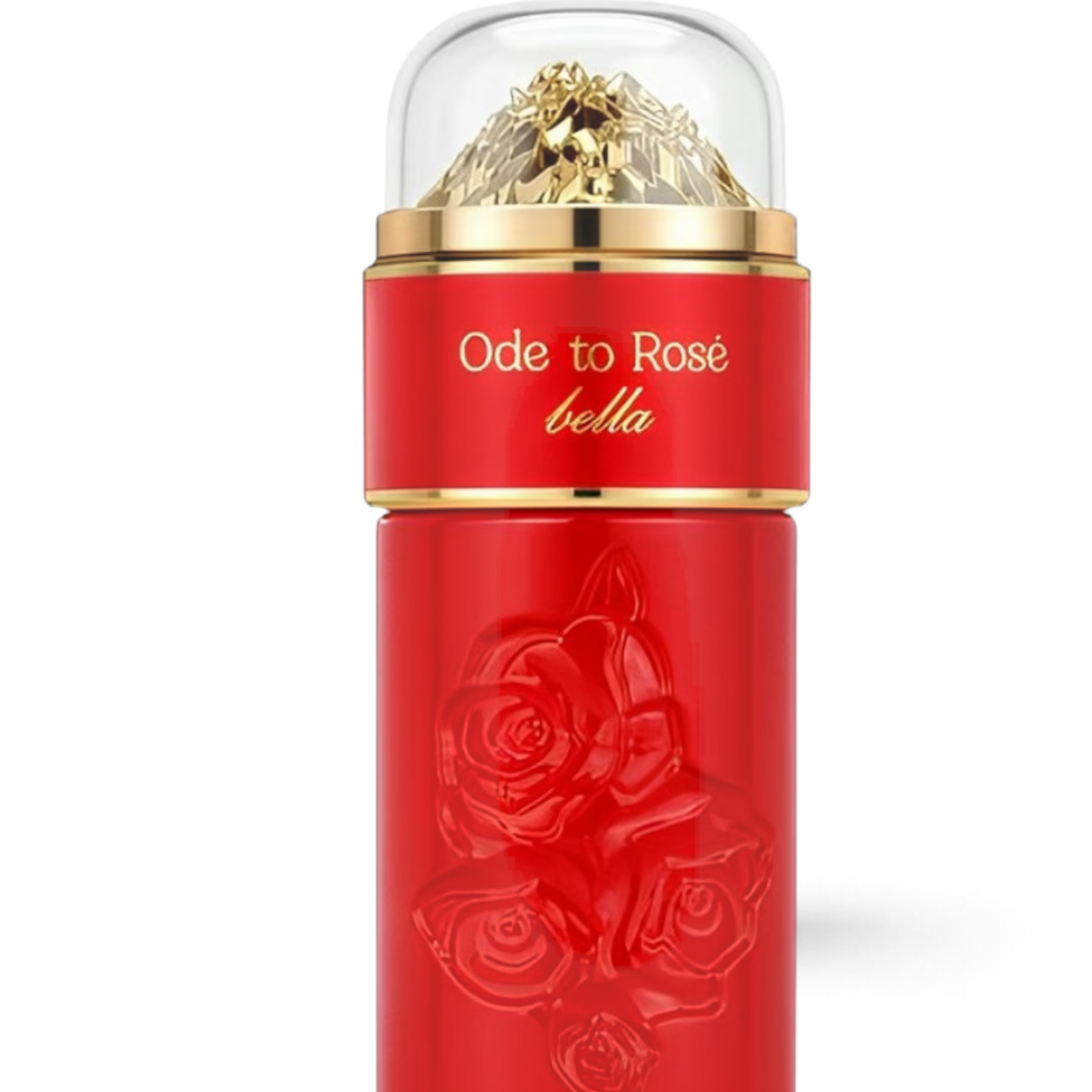 Palette 21 Zimaya Ode to Rosé Bella Eau de Parfum in a vibrant red bottle with embossed roses and gold cap details.