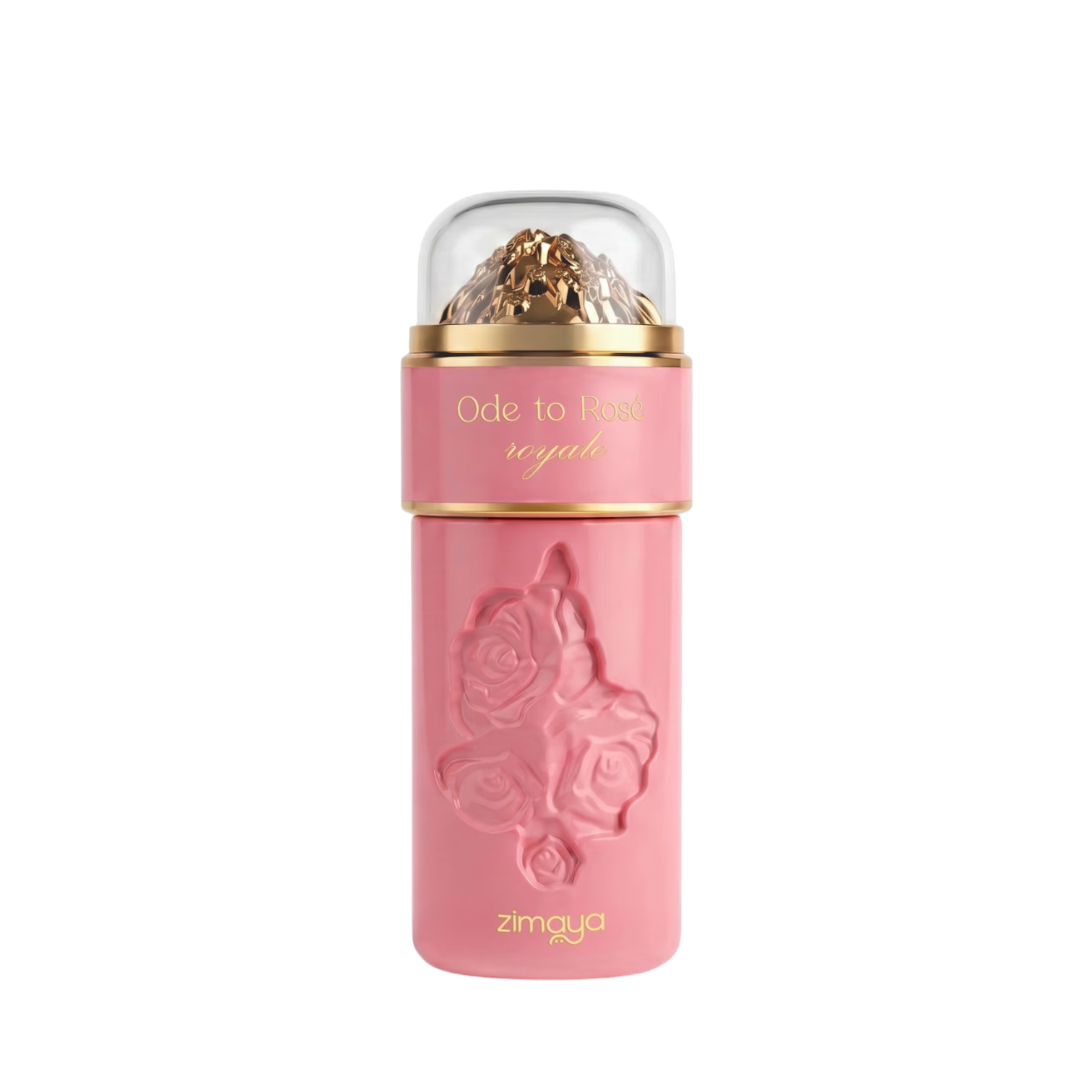 Palette 21 Afnan Zimaya Ode to Rose Royale eau de parfum spray in a pink bottle with embossed rose design and gold cap